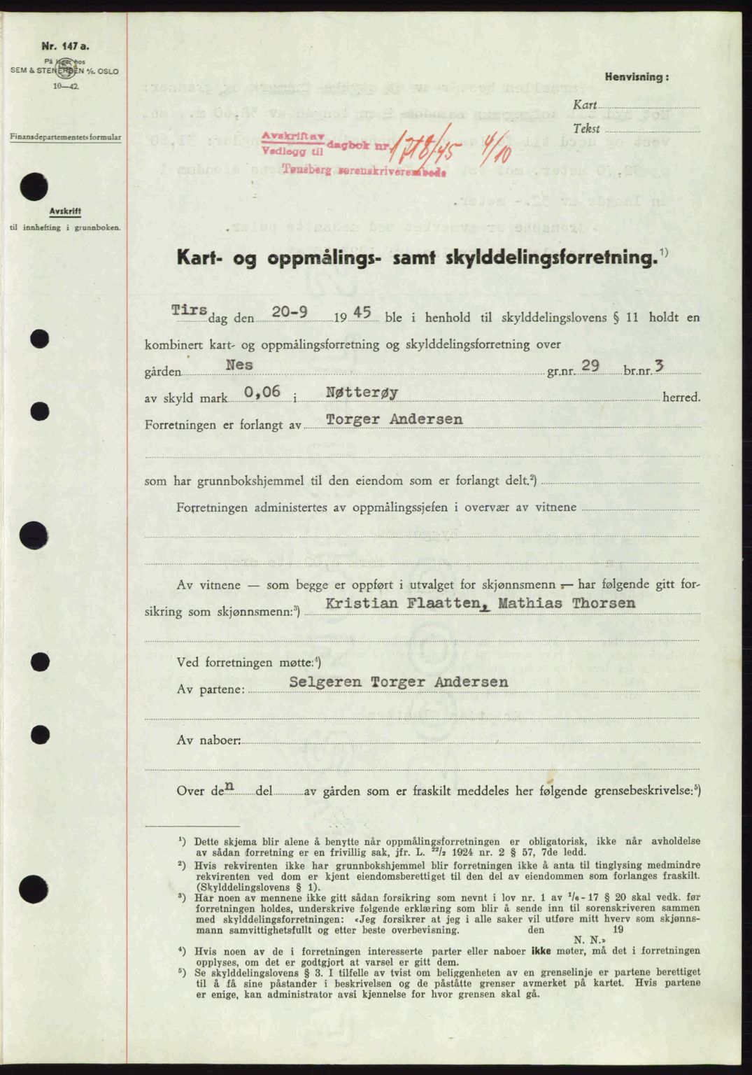 Tønsberg sorenskriveri, AV/SAKO-A-130/G/Ga/Gaa/L0017a: Pantebok nr. A17a, 1945-1945, Dagboknr: 1718/1945