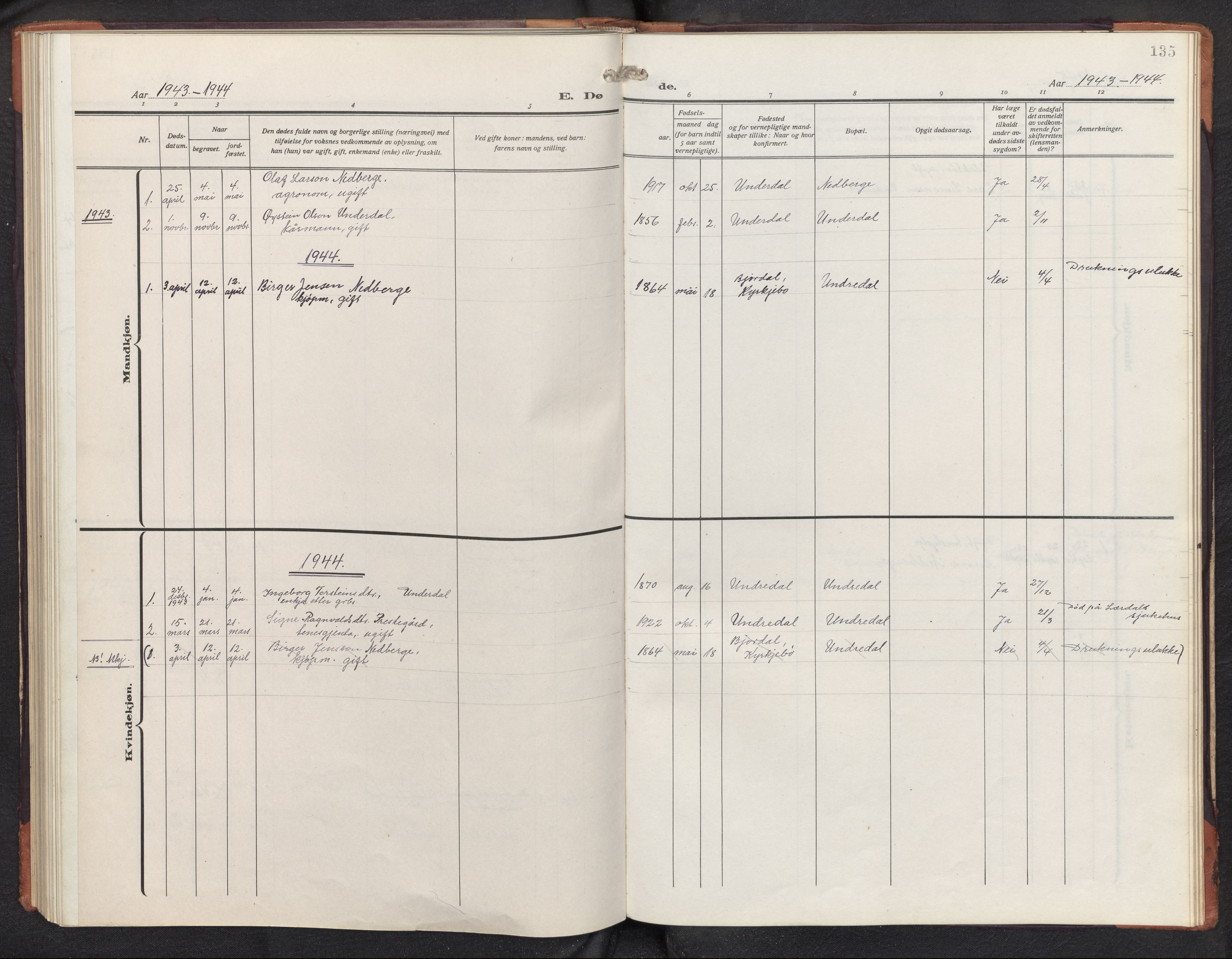 Aurland sokneprestembete, SAB/A-99937/H/Hb/Hbd/L0003: Klokkerbok nr. D 3, 1920-1968, s. 134b-135a