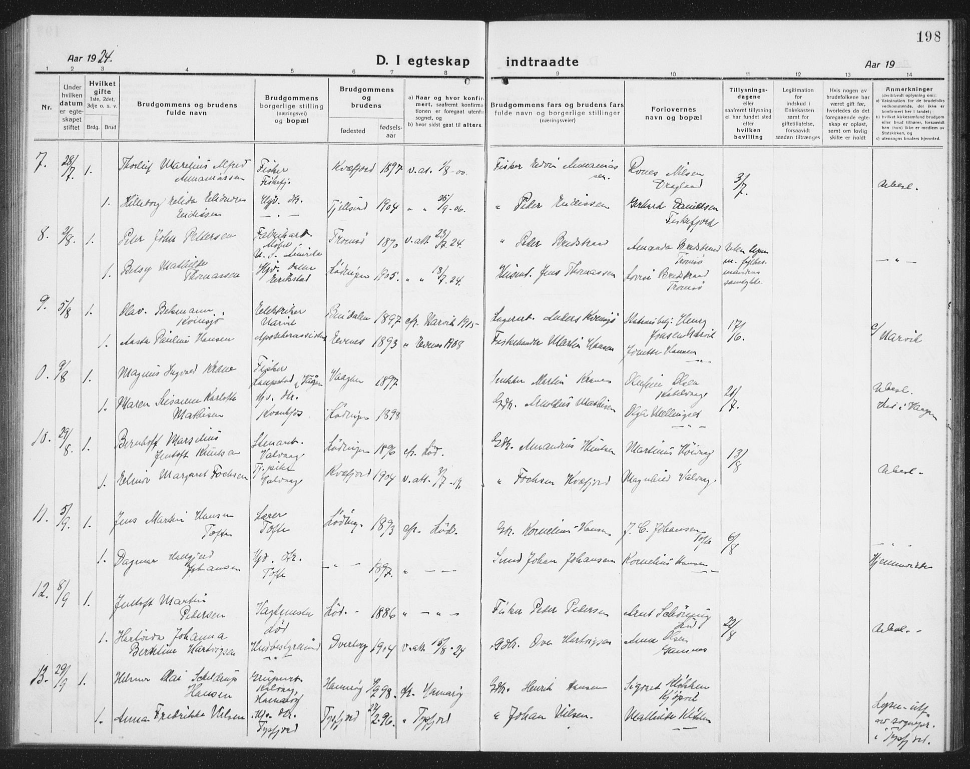 Ministerialprotokoller, klokkerbøker og fødselsregistre - Nordland, AV/SAT-A-1459/872/L1049: Klokkerbok nr. 872C05, 1920-1938, s. 198