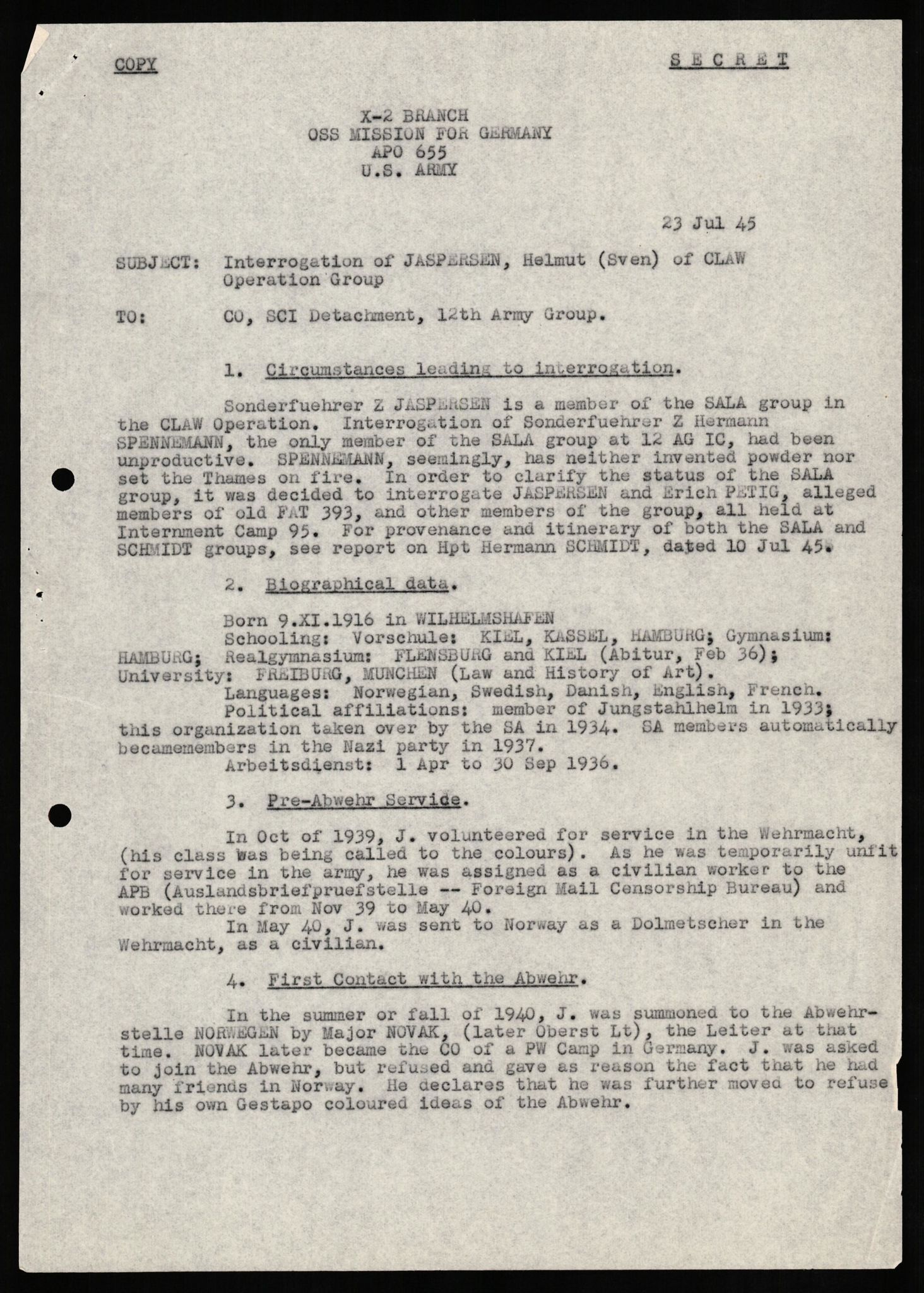 Forsvaret, Forsvarets overkommando II, AV/RA-RAFA-3915/D/Db/L0015: CI Questionaires. Tyske okkupasjonsstyrker i Norge. Tyskere., 1945-1946, s. 20