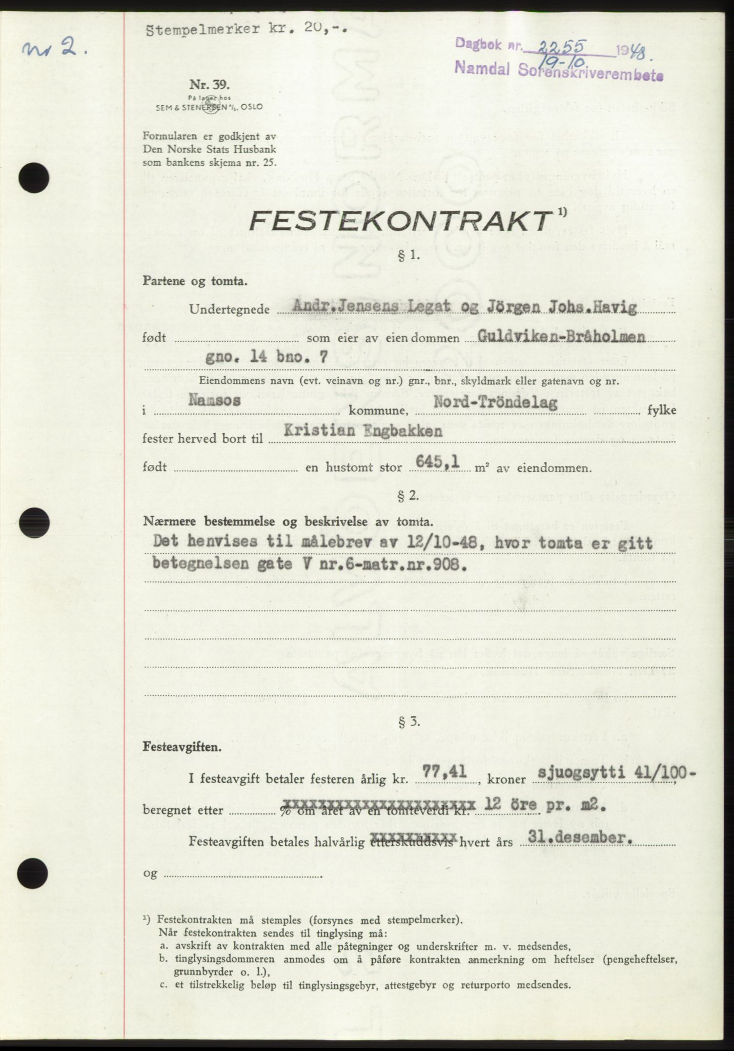 Namdal sorenskriveri, SAT/A-4133/1/2/2C: Pantebok nr. -, 1948-1948, Dagboknr: 2255/1948