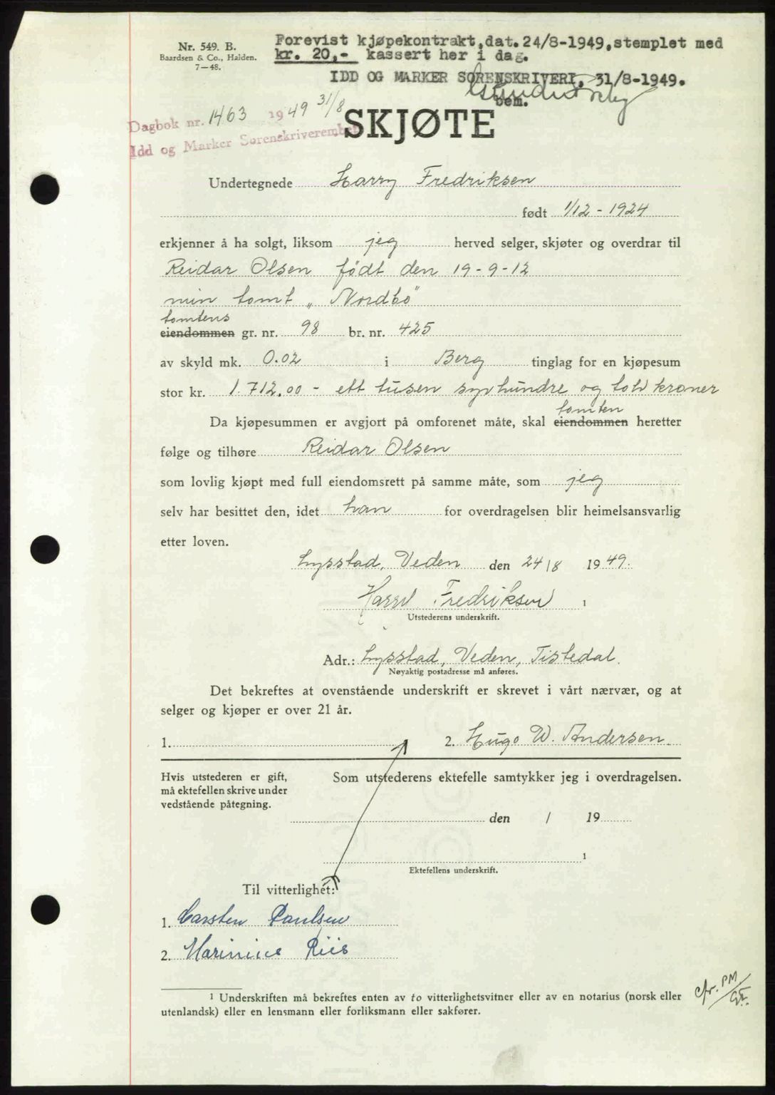 Idd og Marker sorenskriveri, SAO/A-10283/G/Gb/Gbb/L0012: Pantebok nr. A12, 1949-1949, Dagboknr: 1463/1949