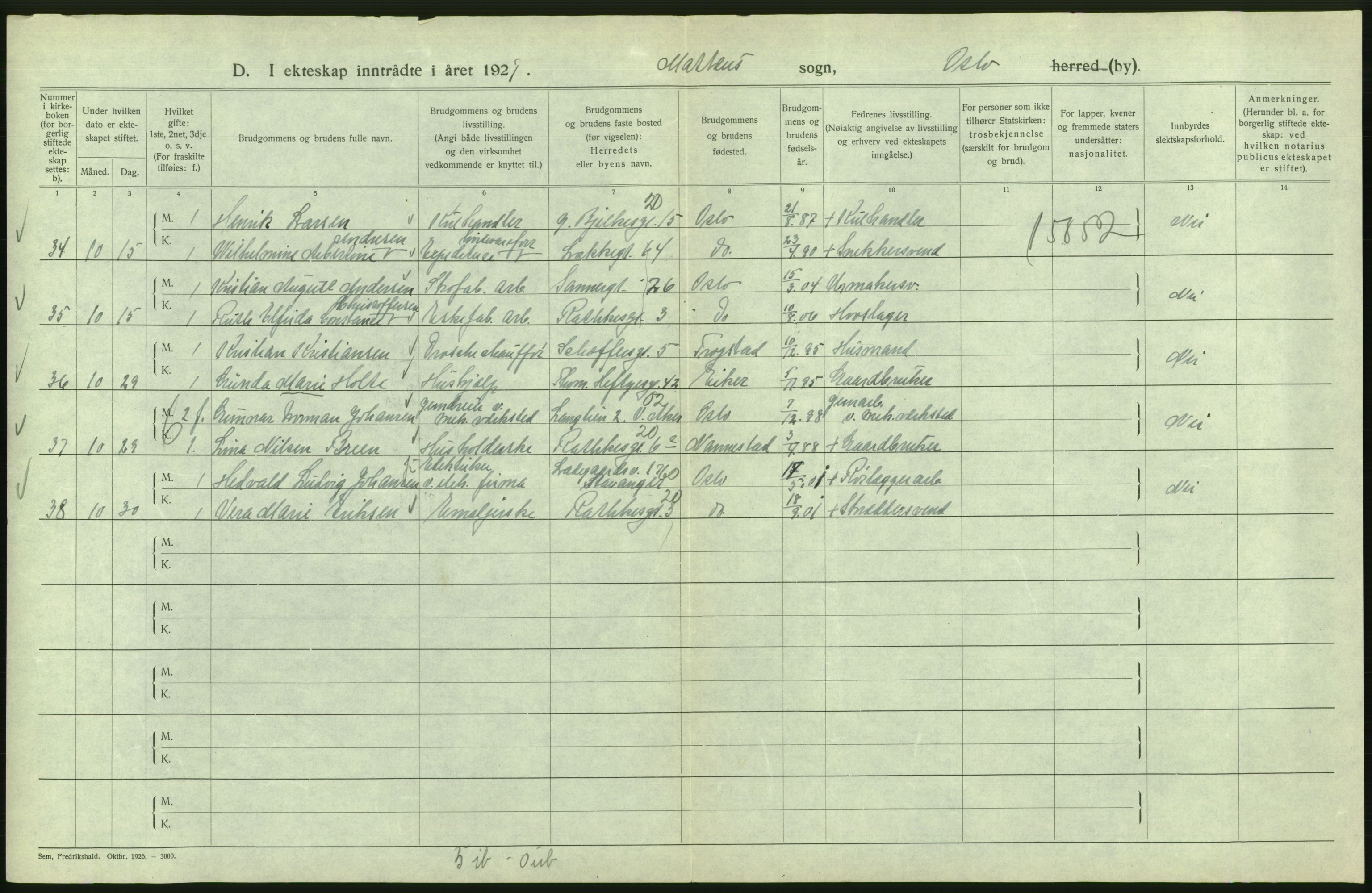 Statistisk sentralbyrå, Sosiodemografiske emner, Befolkning, AV/RA-S-2228/D/Df/Dfc/Dfcg/L0008: Oslo: Gifte, 1927, s. 796