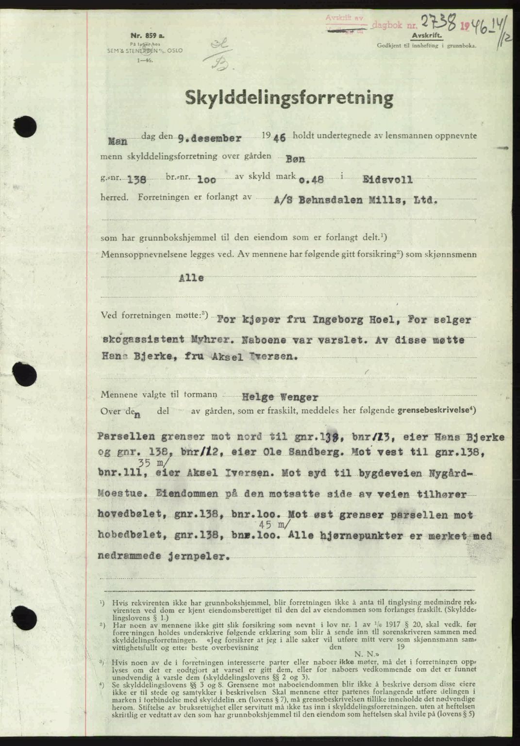 Eidsvoll tingrett, SAO/A-10371/G/Gb/Gbb/L0015: Pantebok nr. A43, 1946-1947, Dagboknr: 2638/1946