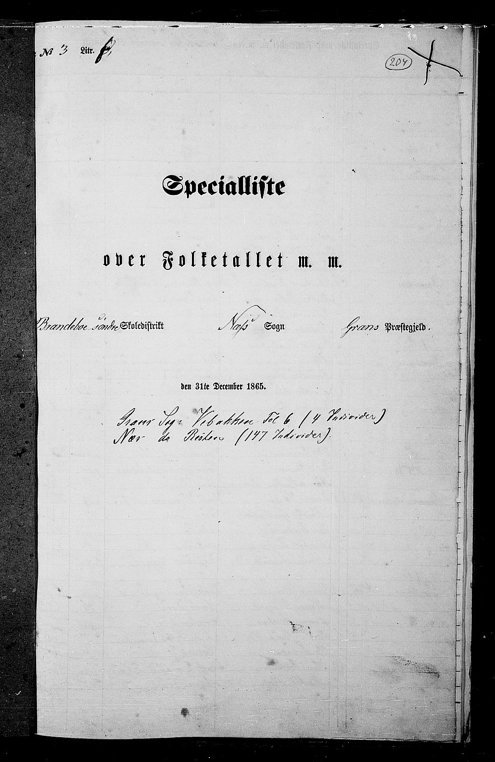 RA, Folketelling 1865 for 0534P Gran prestegjeld, 1865, s. 177