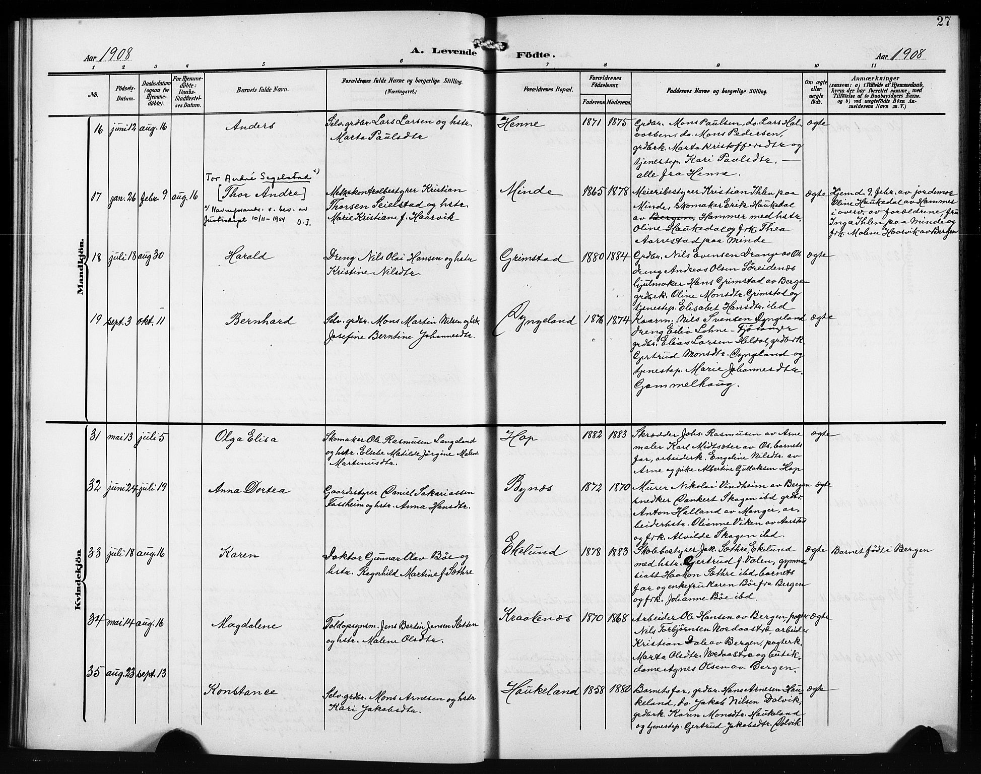 Birkeland Sokneprestembete, AV/SAB-A-74601/H/Hab: Klokkerbok nr. A 6, 1906-1915, s. 27