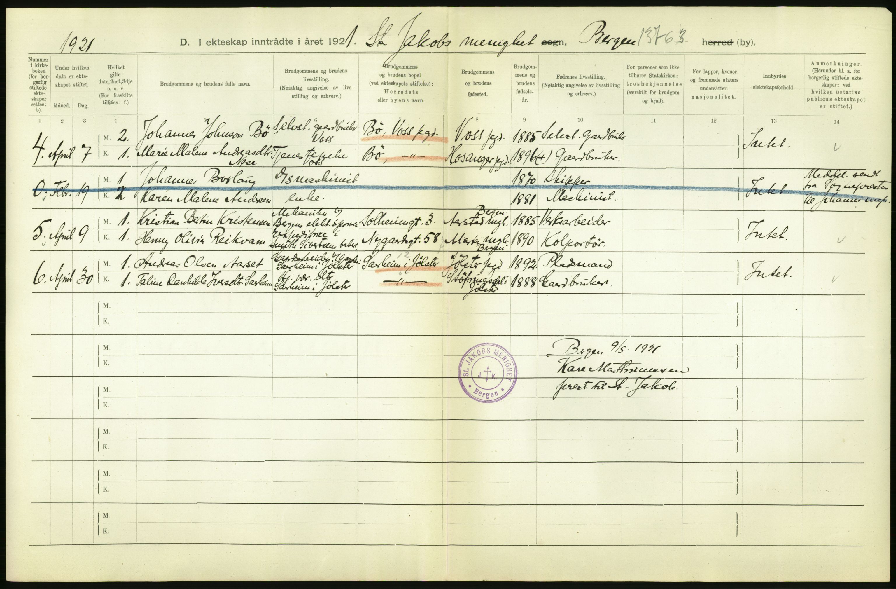 Statistisk sentralbyrå, Sosiodemografiske emner, Befolkning, AV/RA-S-2228/D/Df/Dfc/Dfca/L0035: Bergen: Gifte, dødfødte., 1921, s. 8