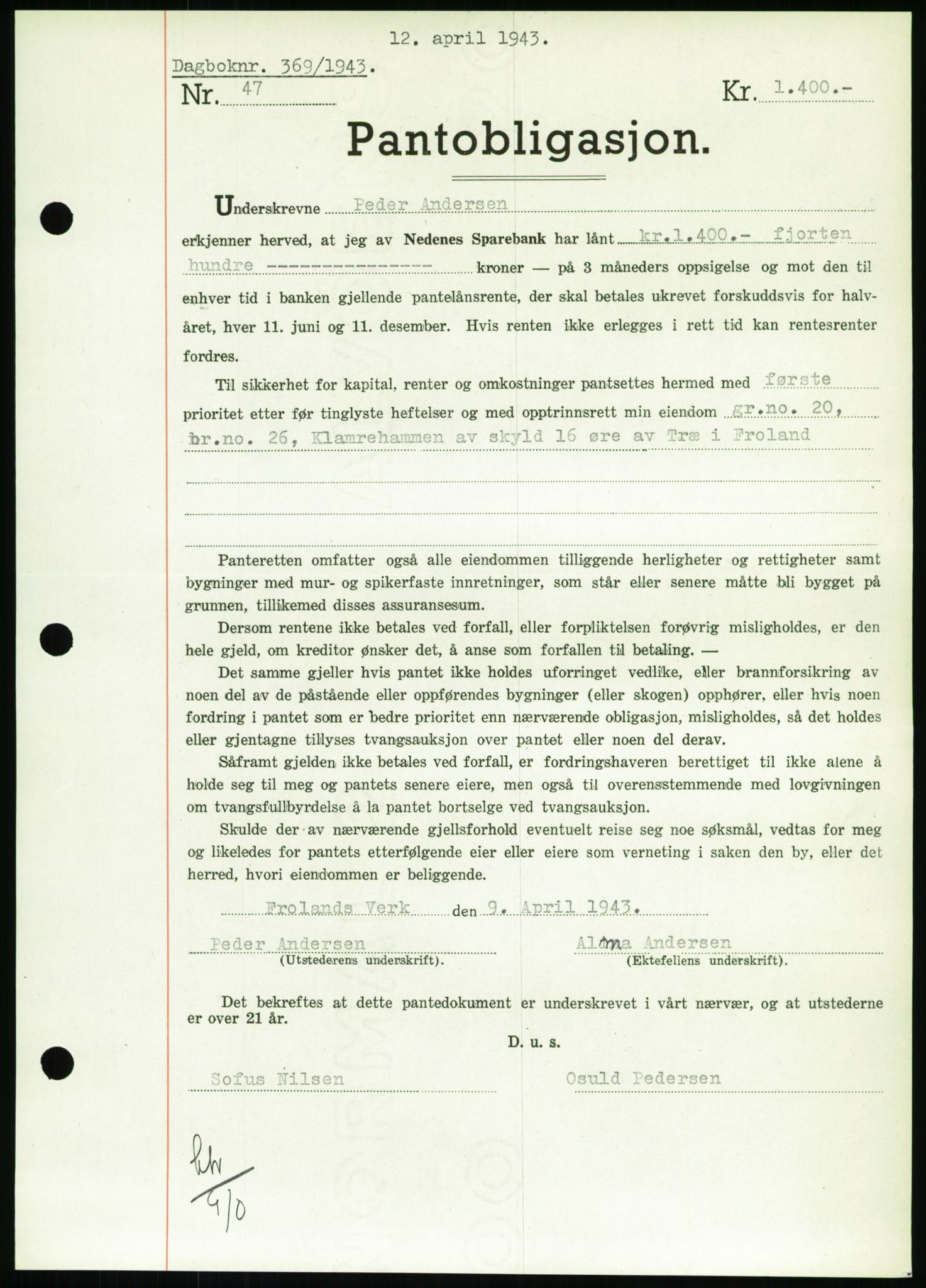 Nedenes sorenskriveri, SAK/1221-0006/G/Gb/Gbb/L0002: Pantebok nr. II, 1942-1945, Dagboknr: 369/1943