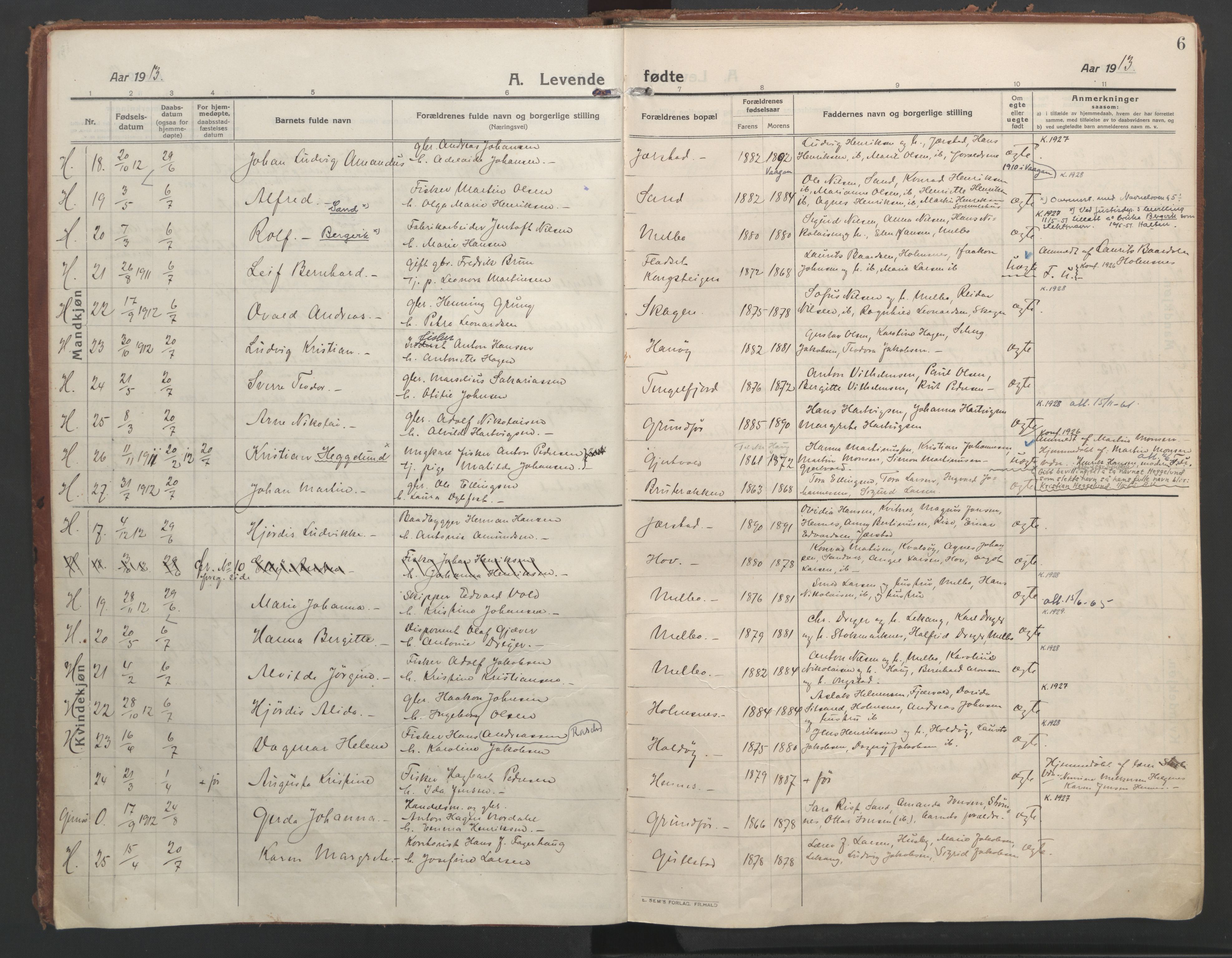 Ministerialprotokoller, klokkerbøker og fødselsregistre - Nordland, AV/SAT-A-1459/888/L1250: Ministerialbok nr. 888A16, 1913-1925, s. 6