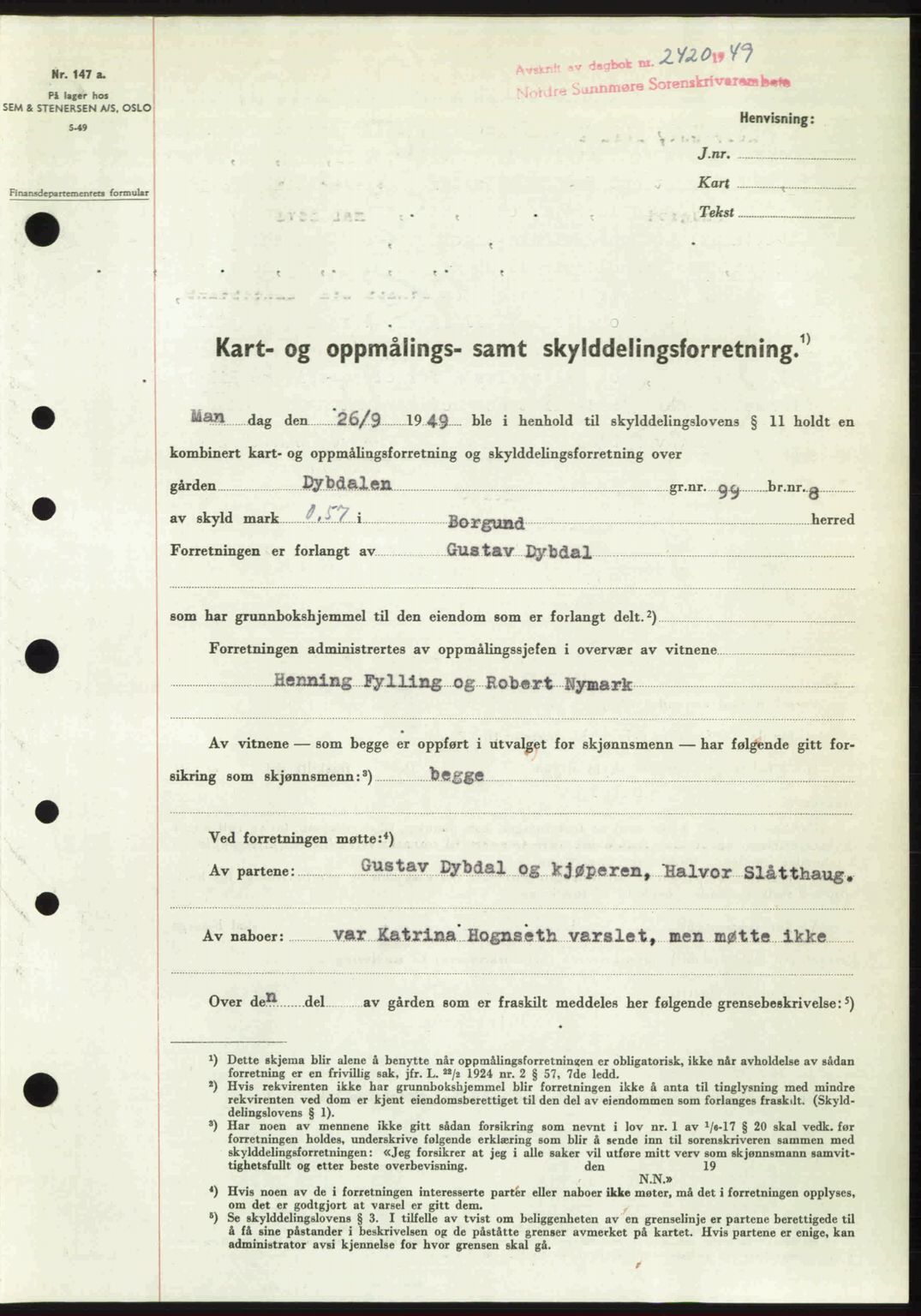 Nordre Sunnmøre sorenskriveri, AV/SAT-A-0006/1/2/2C/2Ca: Pantebok nr. A32, 1949-1949, Dagboknr: 2420/1949