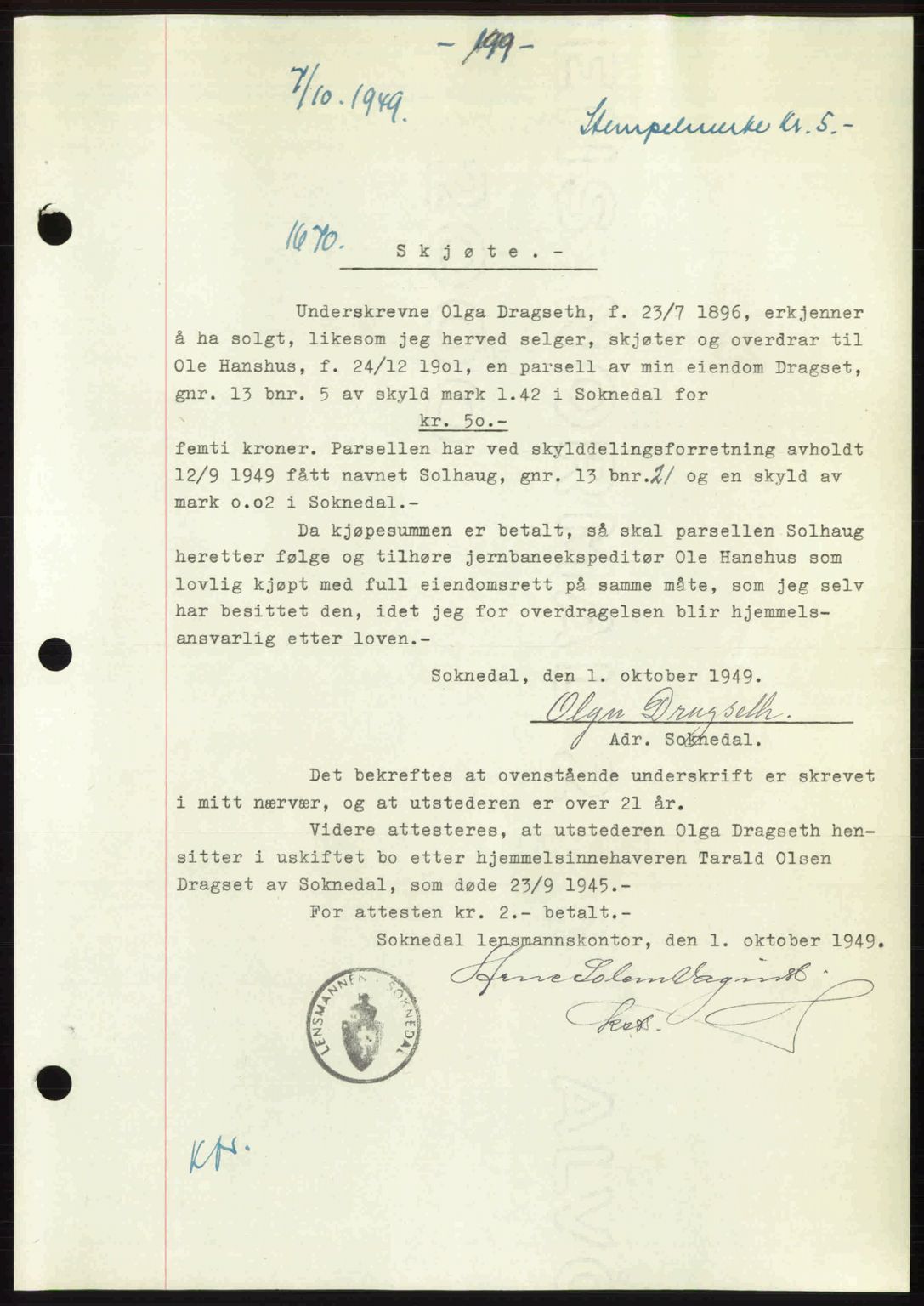 Gauldal sorenskriveri, SAT/A-0014/1/2/2C: Pantebok nr. A8, 1949-1949, Dagboknr: 1670/1949