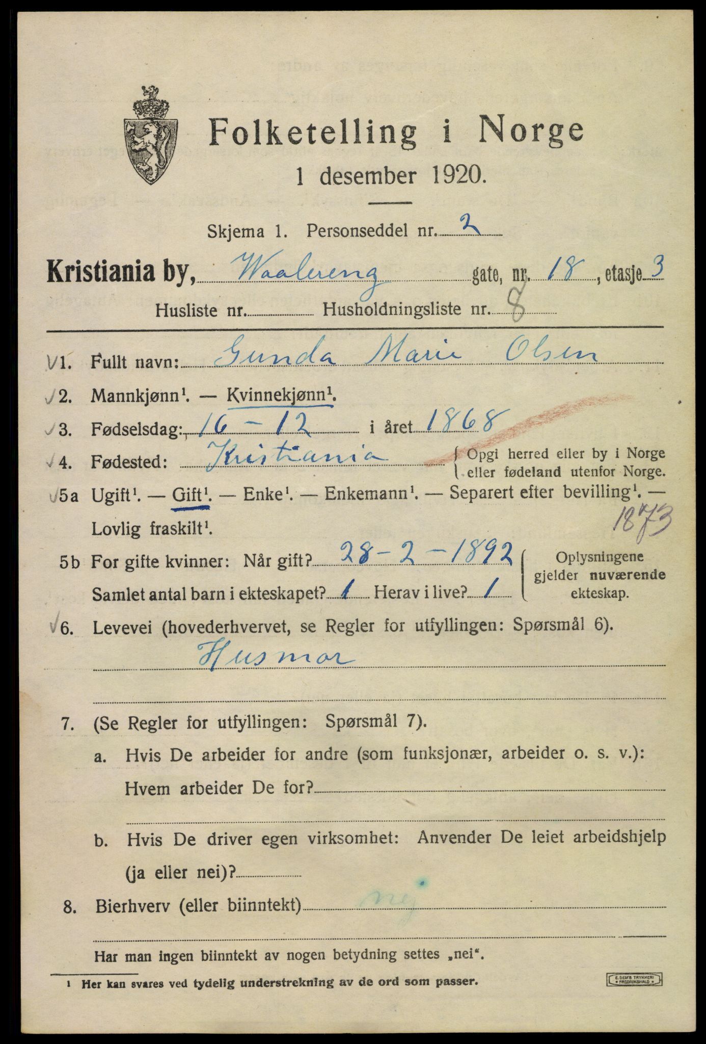 SAO, Folketelling 1920 for 0301 Kristiania kjøpstad, 1920, s. 625191