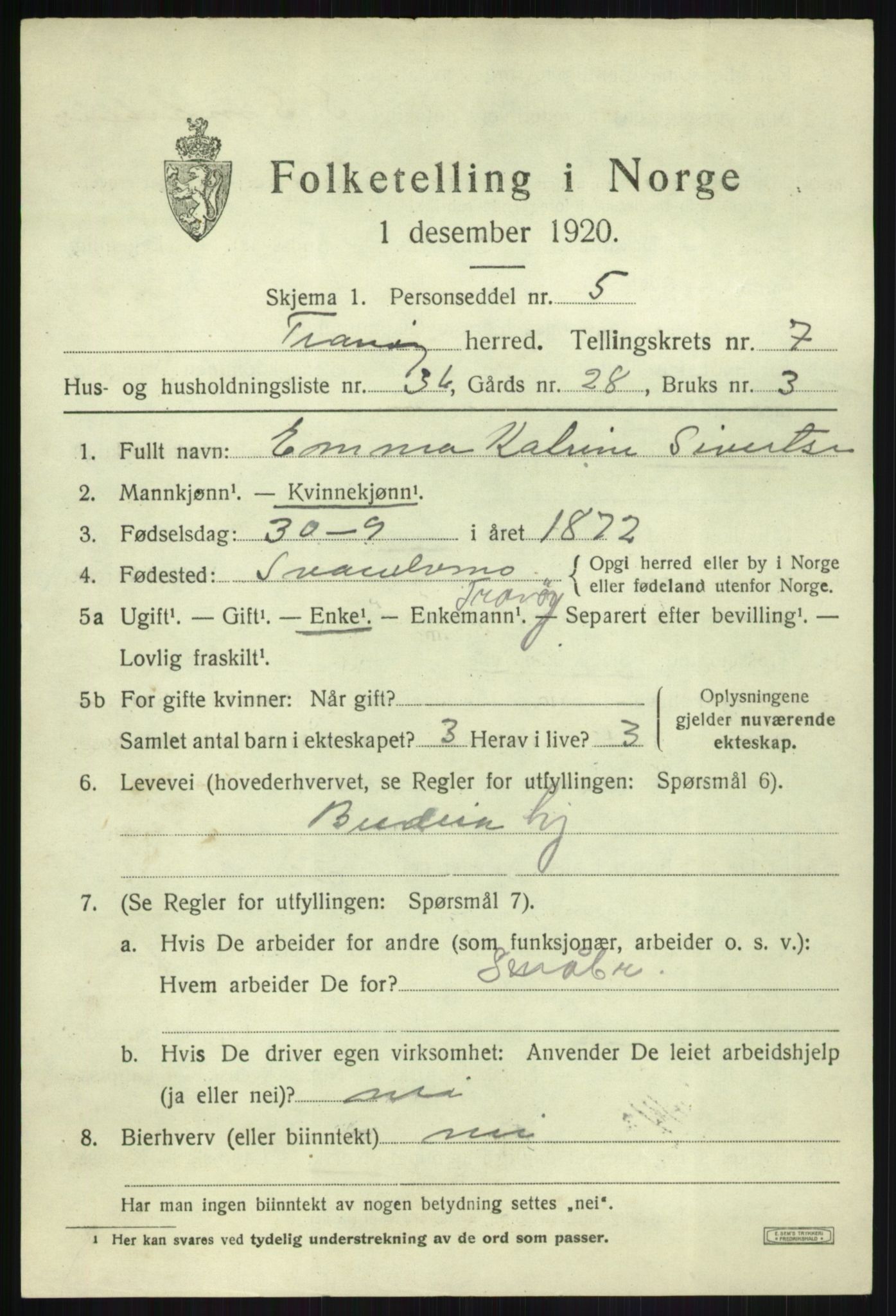 SATØ, Folketelling 1920 for 1927 Tranøy herred, 1920, s. 3785