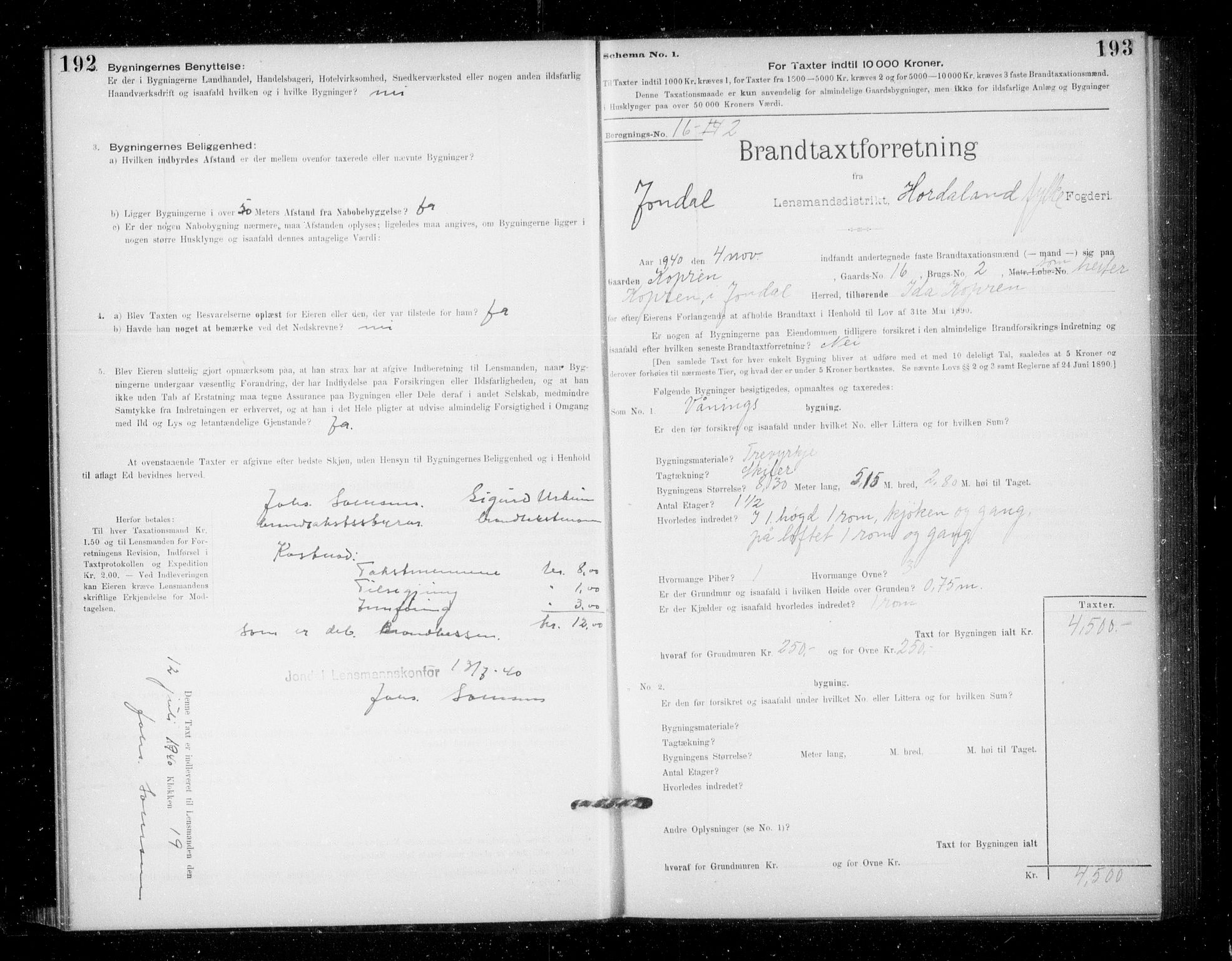 Lensmannen i Jondal, SAB/A-33101/0012/L0005: Branntakstprotokoll, skjematakst, 1894-1951, s. 192-193