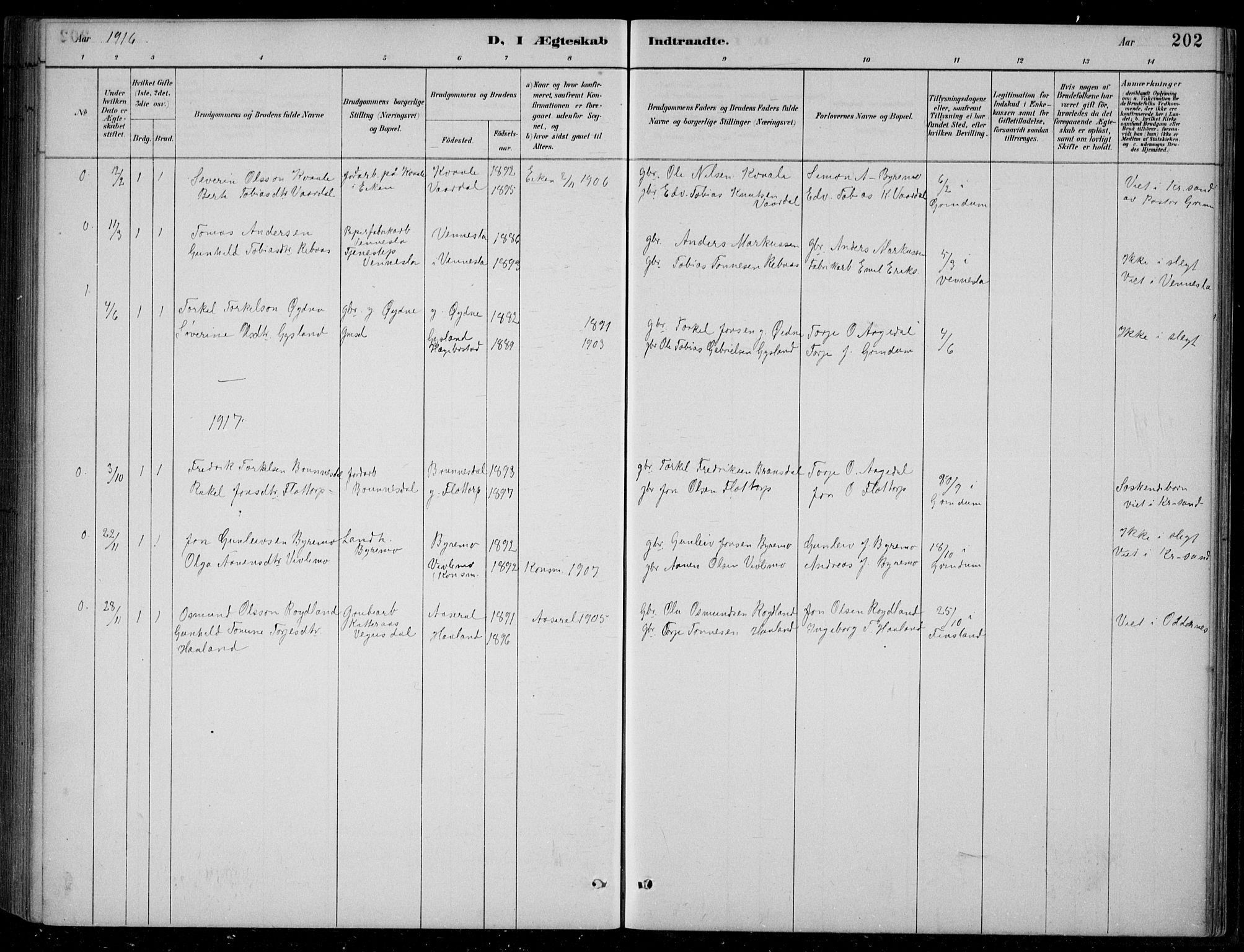Bjelland sokneprestkontor, SAK/1111-0005/F/Fb/Fbc/L0003: Klokkerbok nr. B 3, 1887-1924, s. 202