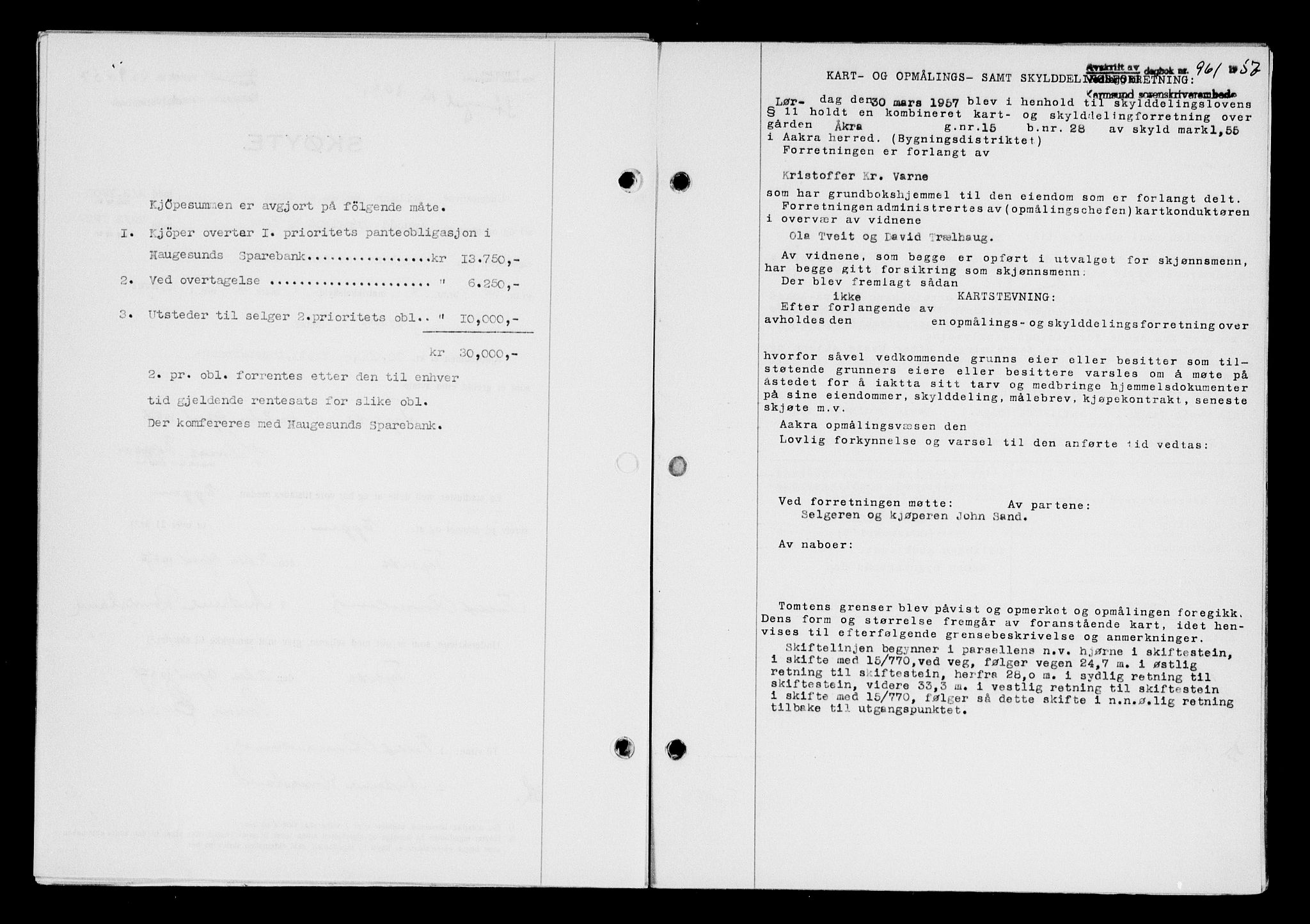 Karmsund sorenskriveri, SAST/A-100311/01/II/IIB/L0124: Pantebok nr. 104A, 1957-1957, Dagboknr: 961/1957