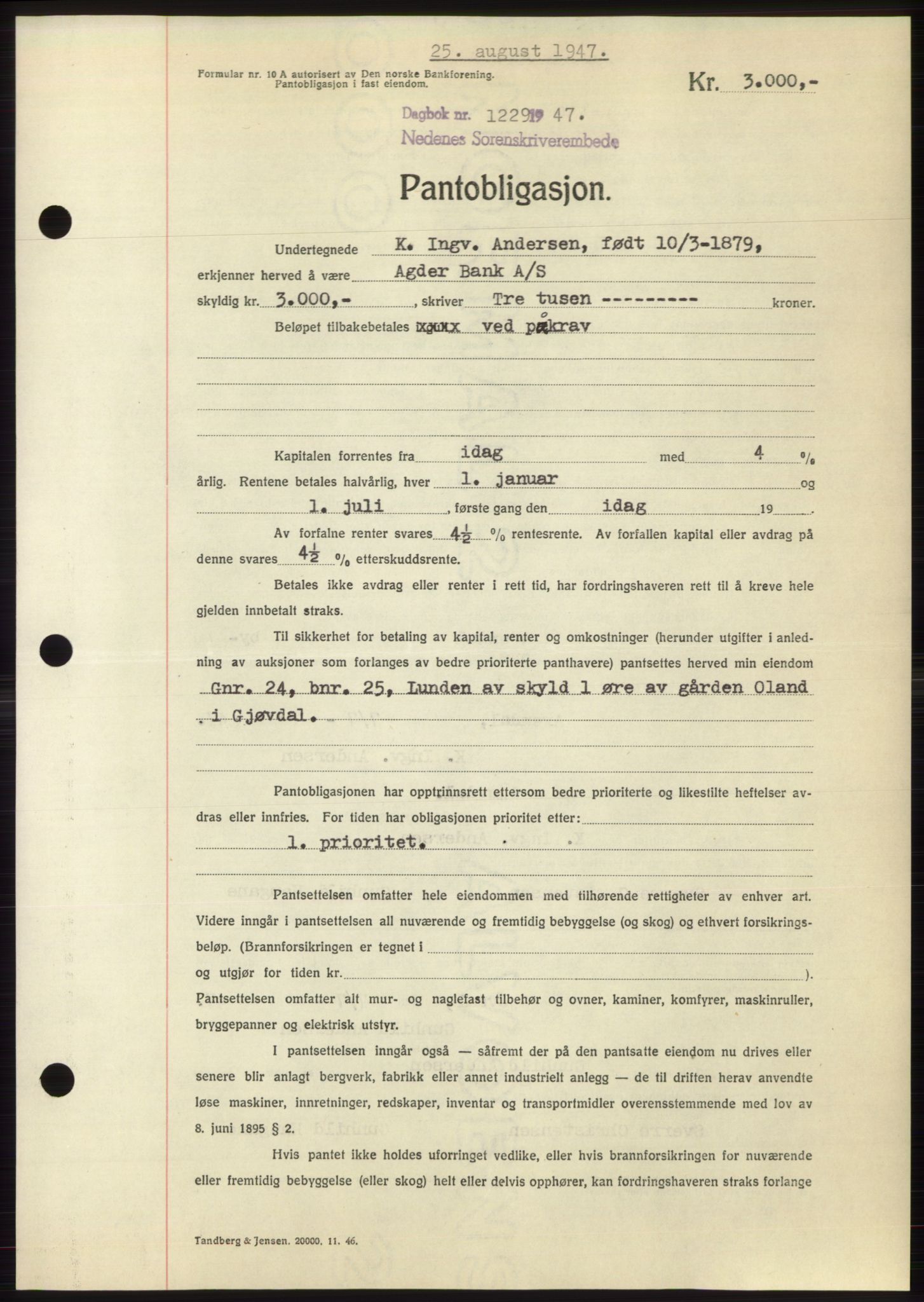 Nedenes sorenskriveri, AV/SAK-1221-0006/G/Gb/Gbb/L0004: Pantebok nr. B4, 1947-1947, Dagboknr: 1229/1947