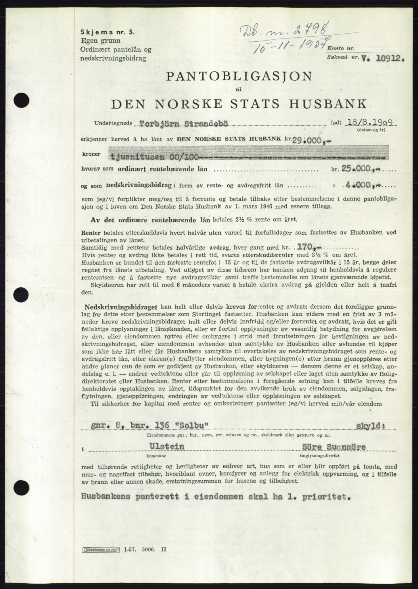 Søre Sunnmøre sorenskriveri, AV/SAT-A-4122/1/2/2C/L0130: Pantebok nr. 18B, 1957-1958, Dagboknr: 2798/1957