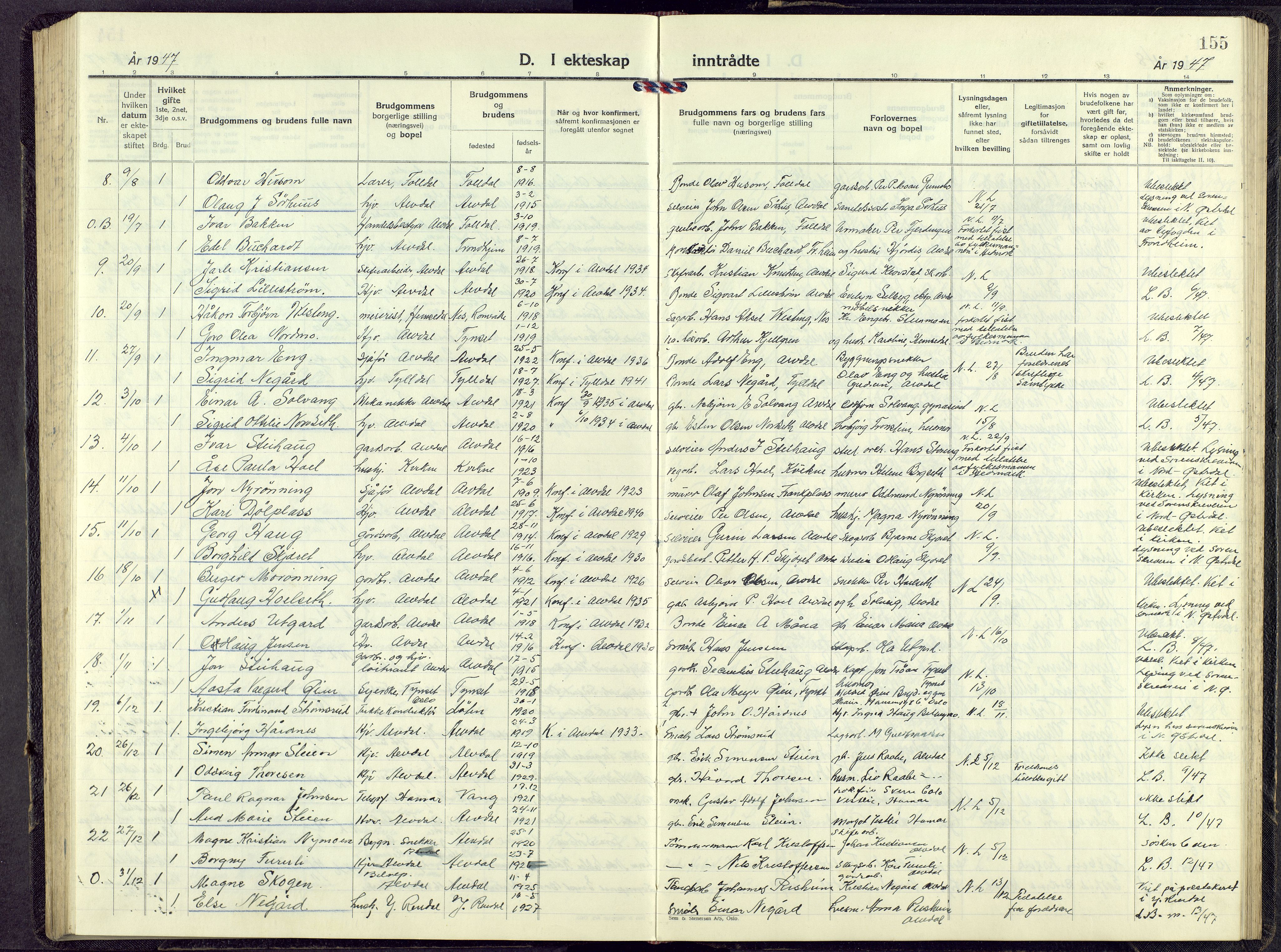 Alvdal prestekontor, AV/SAH-PREST-060/H/Ha/Hab/L0009: Klokkerbok nr. 9, 1946-1965, s. 154b-155a