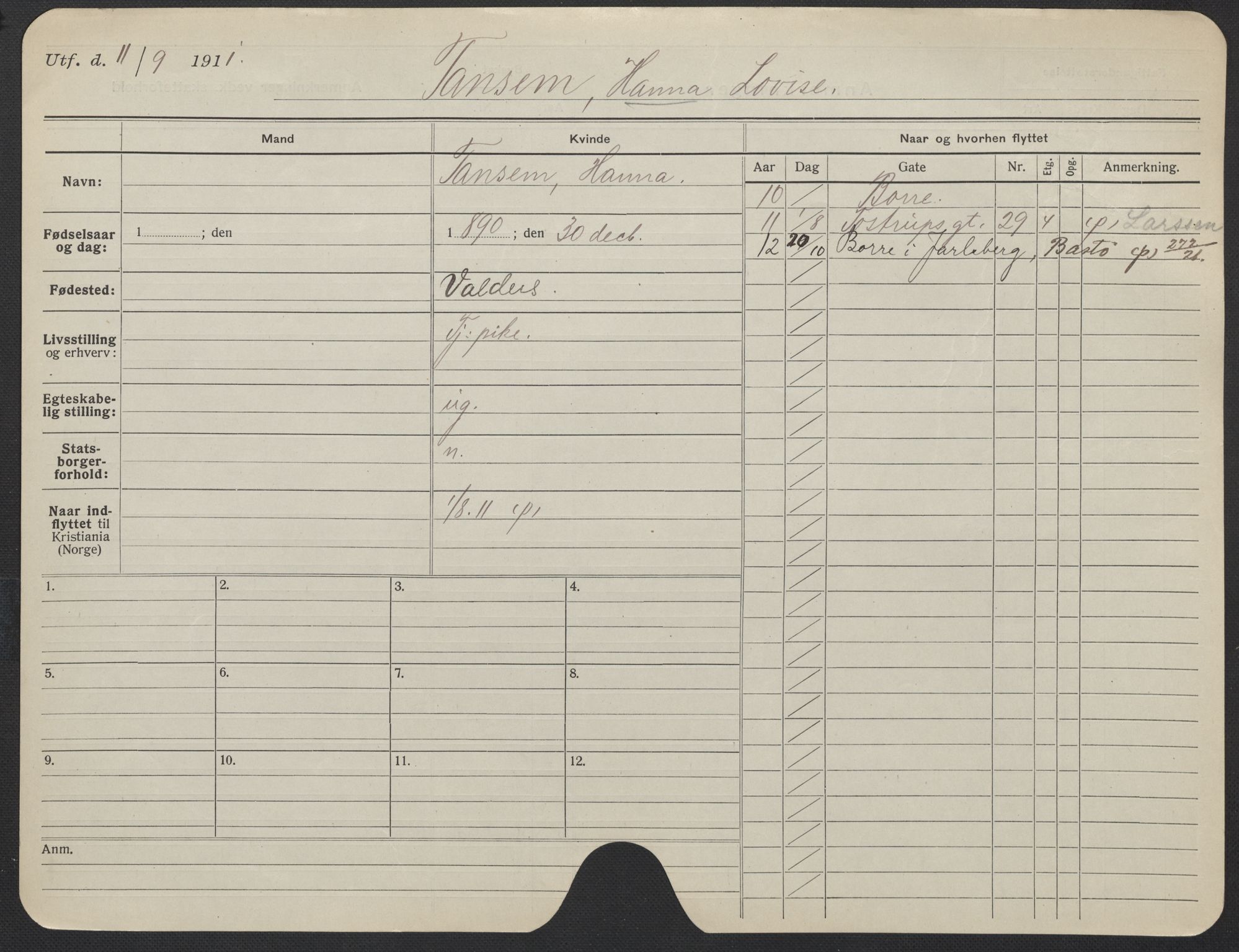Oslo folkeregister, Registerkort, AV/SAO-A-11715/F/Fa/Fac/L0024: Kvinner, 1906-1914, s. 1024a