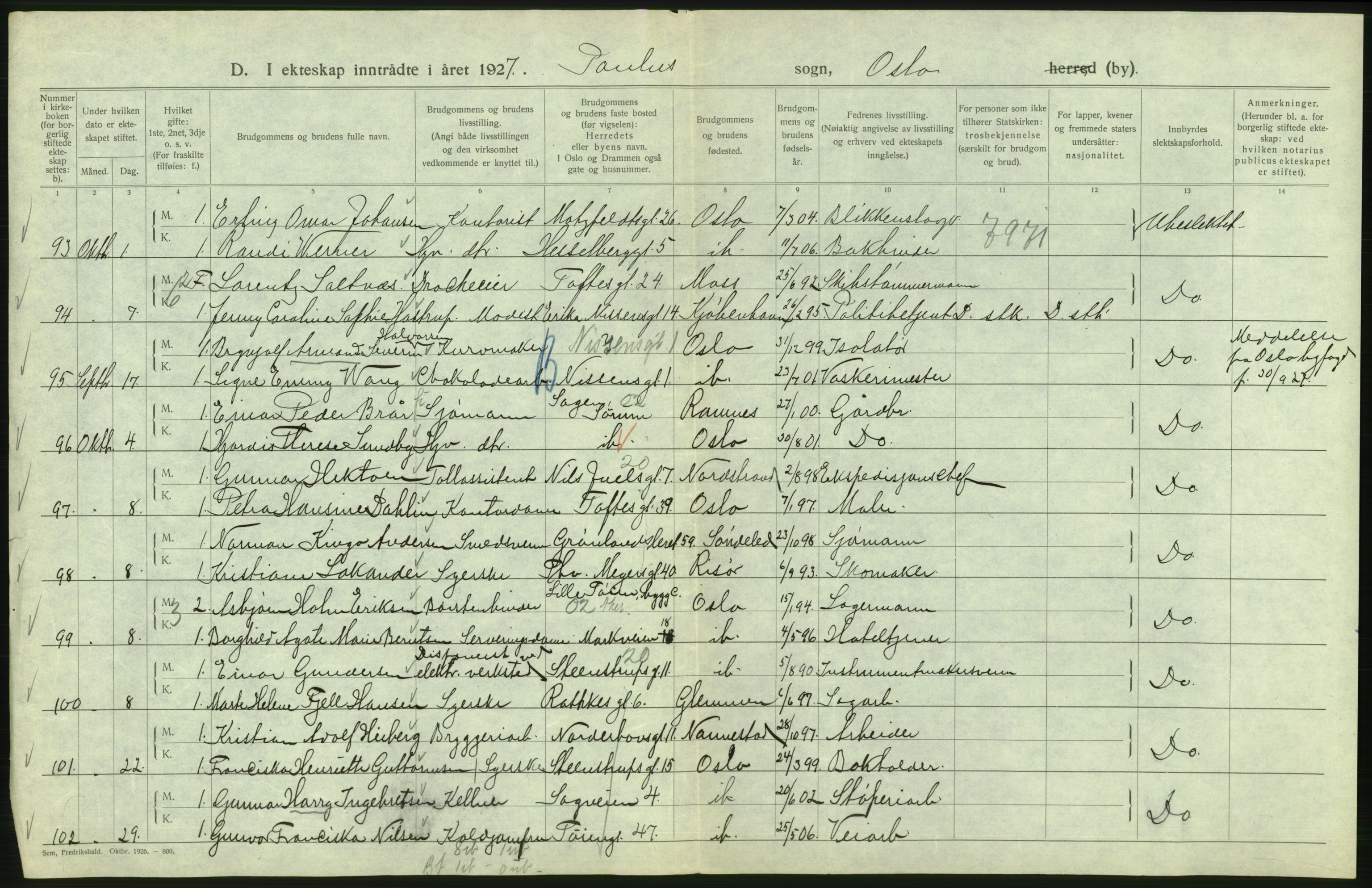 Statistisk sentralbyrå, Sosiodemografiske emner, Befolkning, AV/RA-S-2228/D/Df/Dfc/Dfcg/L0008: Oslo: Gifte, 1927, s. 466