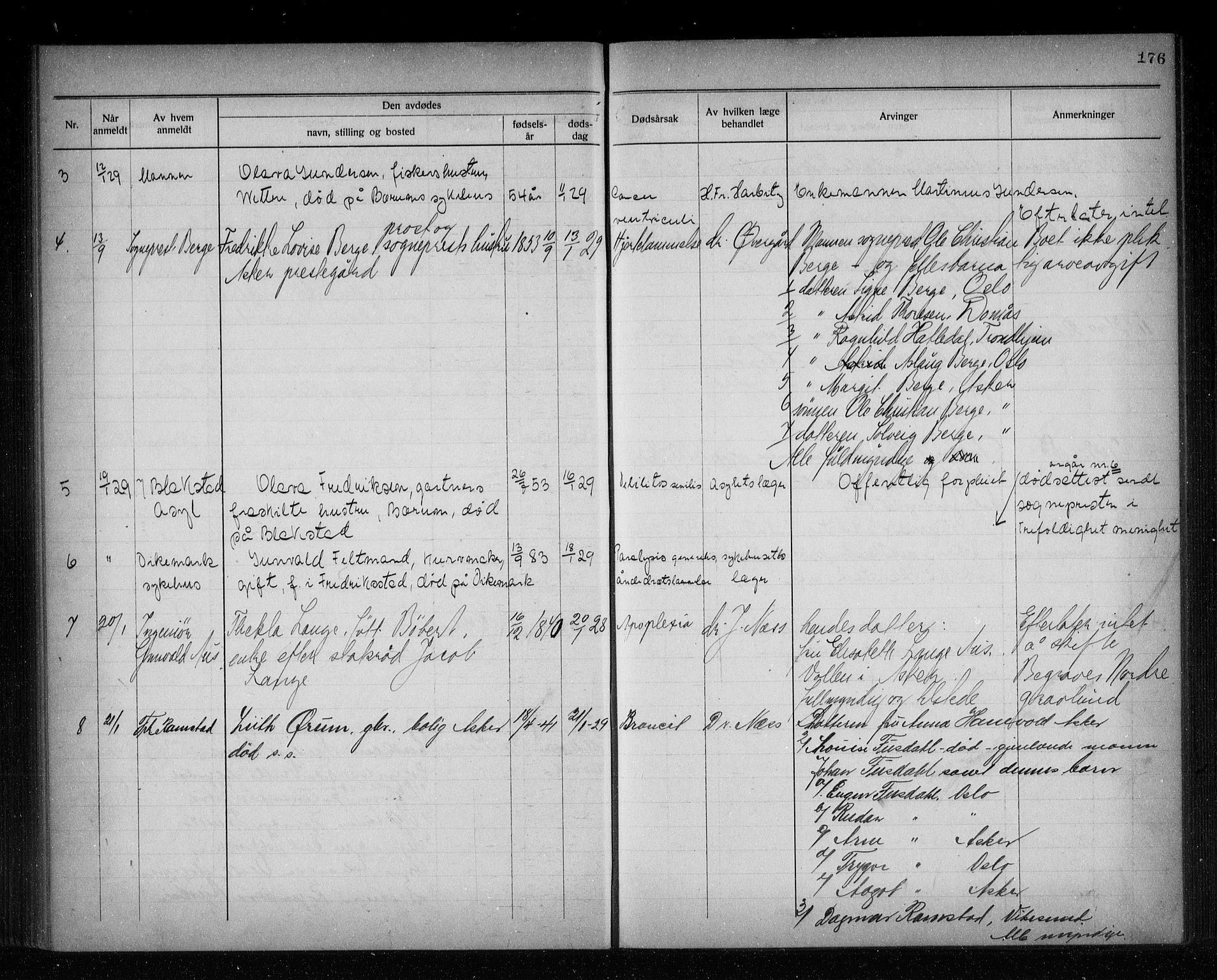Asker lensmannskontor, AV/SAO-A-10244/H/Ha/Haa/L0002: Dødsanmeldelsesprotokoll, 1920-1933, s. 176