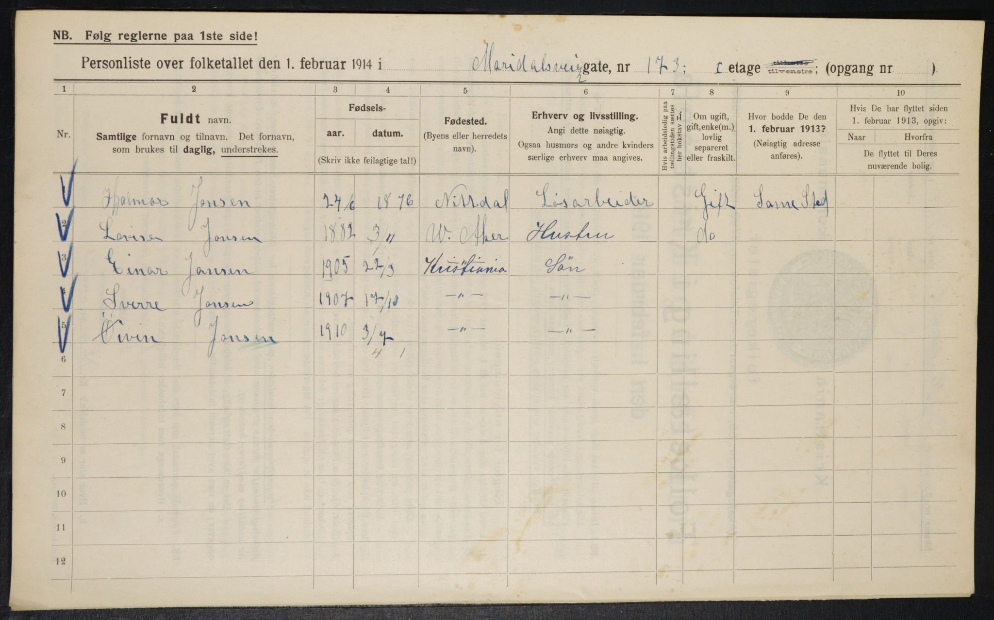 OBA, Kommunal folketelling 1.2.1914 for Kristiania, 1914, s. 62271