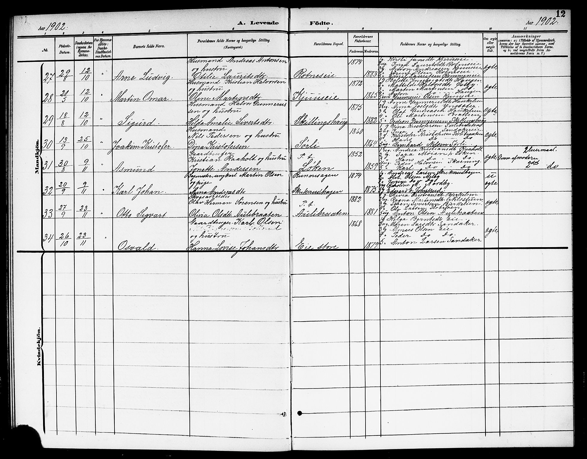 Nes prestekontor Kirkebøker, AV/SAO-A-10410/G/Gc/L0001: Klokkerbok nr. III 1, 1901-1917, s. 12