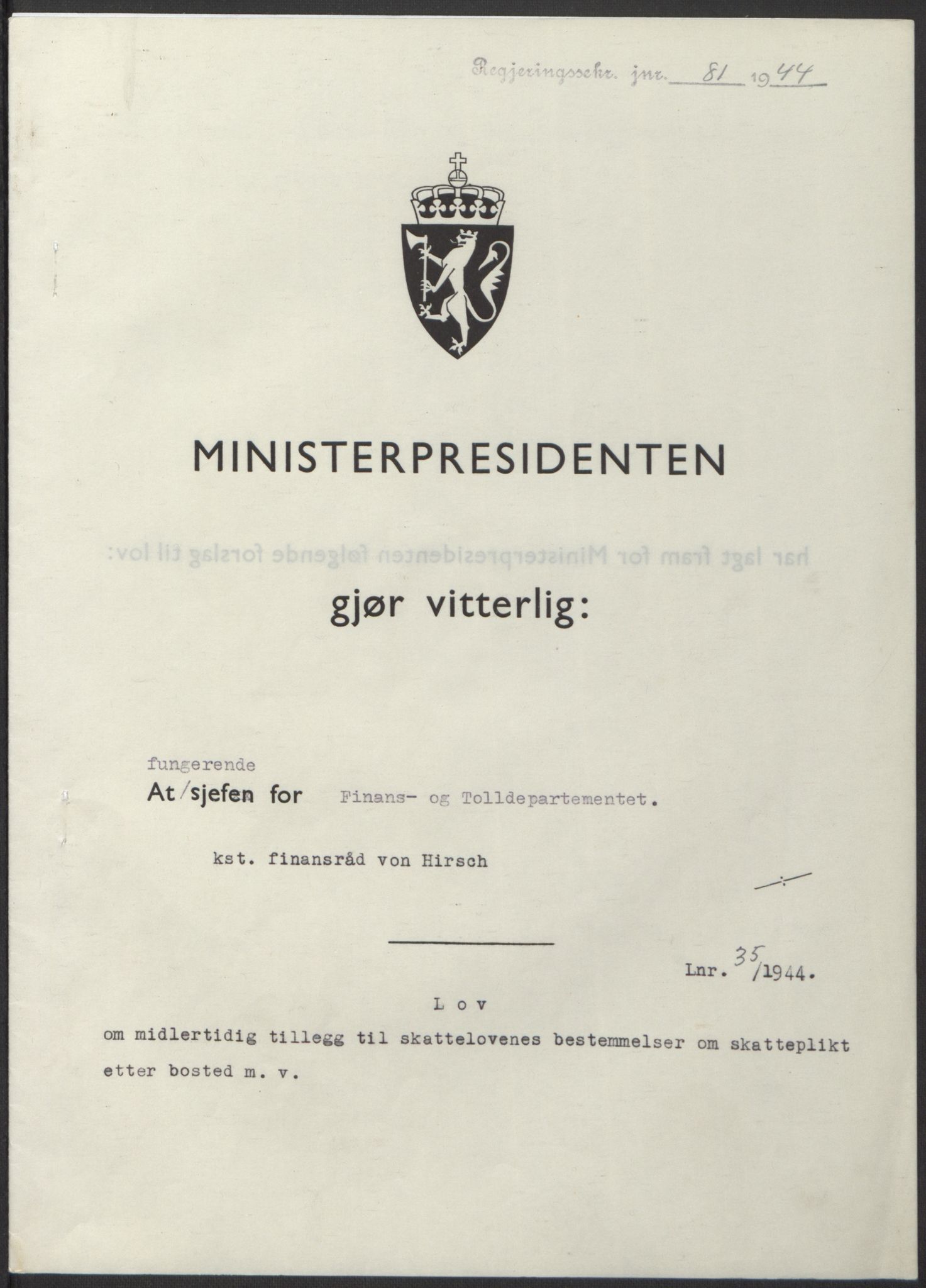 NS-administrasjonen 1940-1945 (Statsrådsekretariatet, de kommisariske statsråder mm), AV/RA-S-4279/D/Db/L0100: Lover, 1944, s. 173