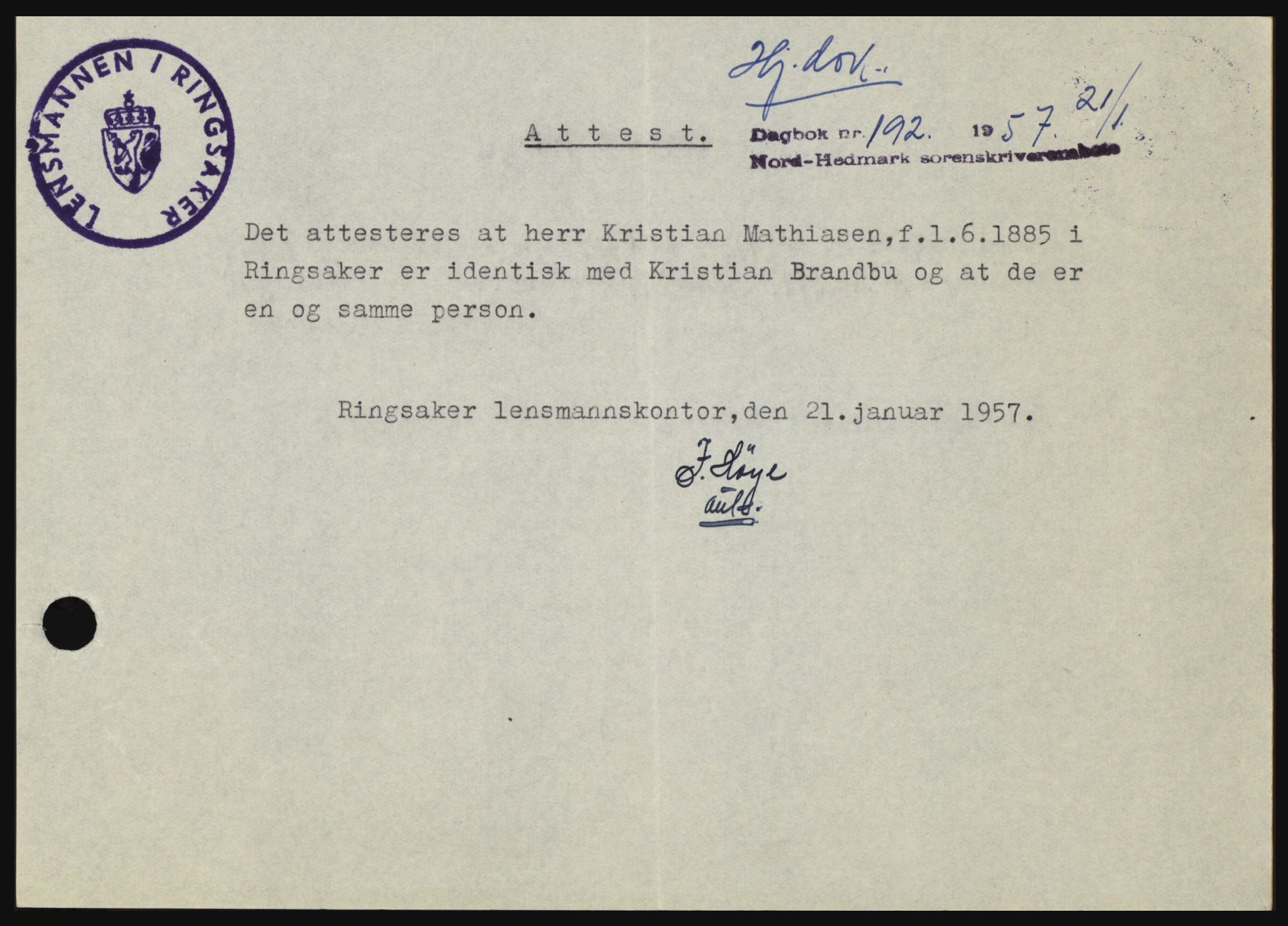 Nord-Hedmark sorenskriveri, SAH/TING-012/H/Hc/L0011: Pantebok nr. 11, 1956-1957, Dagboknr: 192/1957