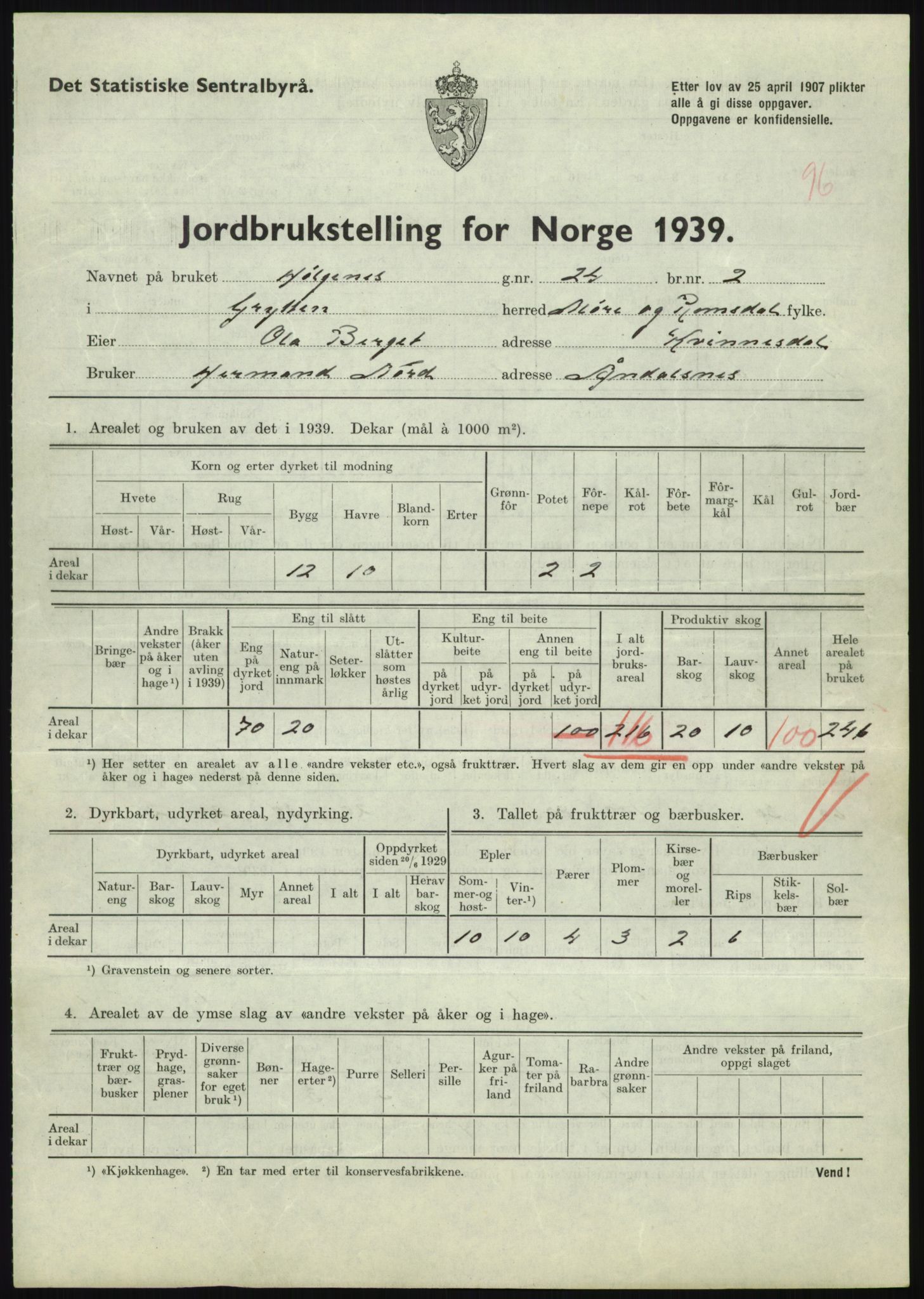 Statistisk sentralbyrå, Næringsøkonomiske emner, Jordbruk, skogbruk, jakt, fiske og fangst, AV/RA-S-2234/G/Gb/L0251: Møre og Romsdal: Voll, Eid, Grytten og Hen, 1939, s. 861