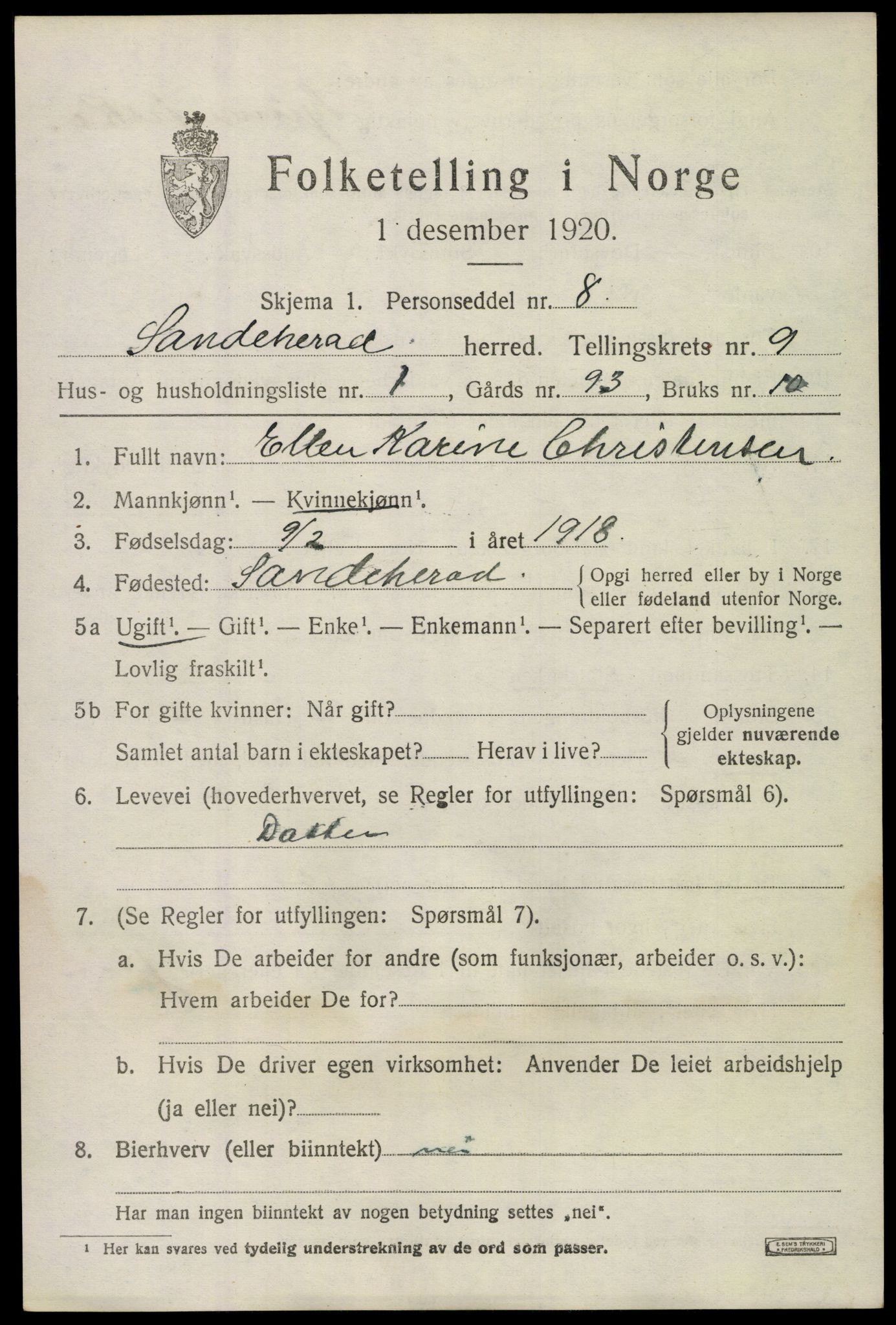 SAKO, Folketelling 1920 for 0724 Sandeherred herred, 1920, s. 14292