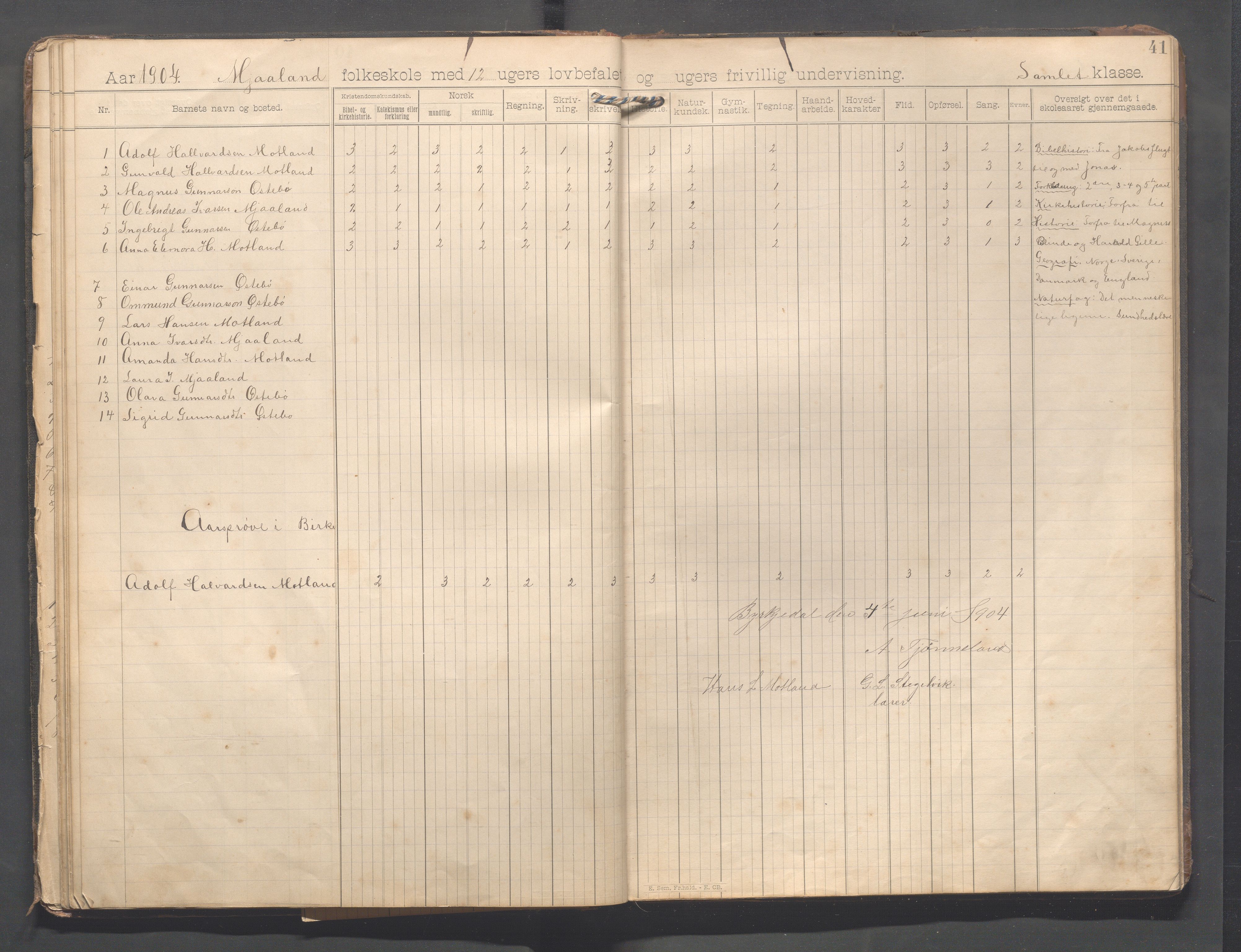 Forsand kommune - Frafjord skole, IKAR/K-101612/H/L0001: Skoleprotokoll - Kommedal, Mjåland, Frafjord, Frafjorddalen, 1894-1919, s. 41