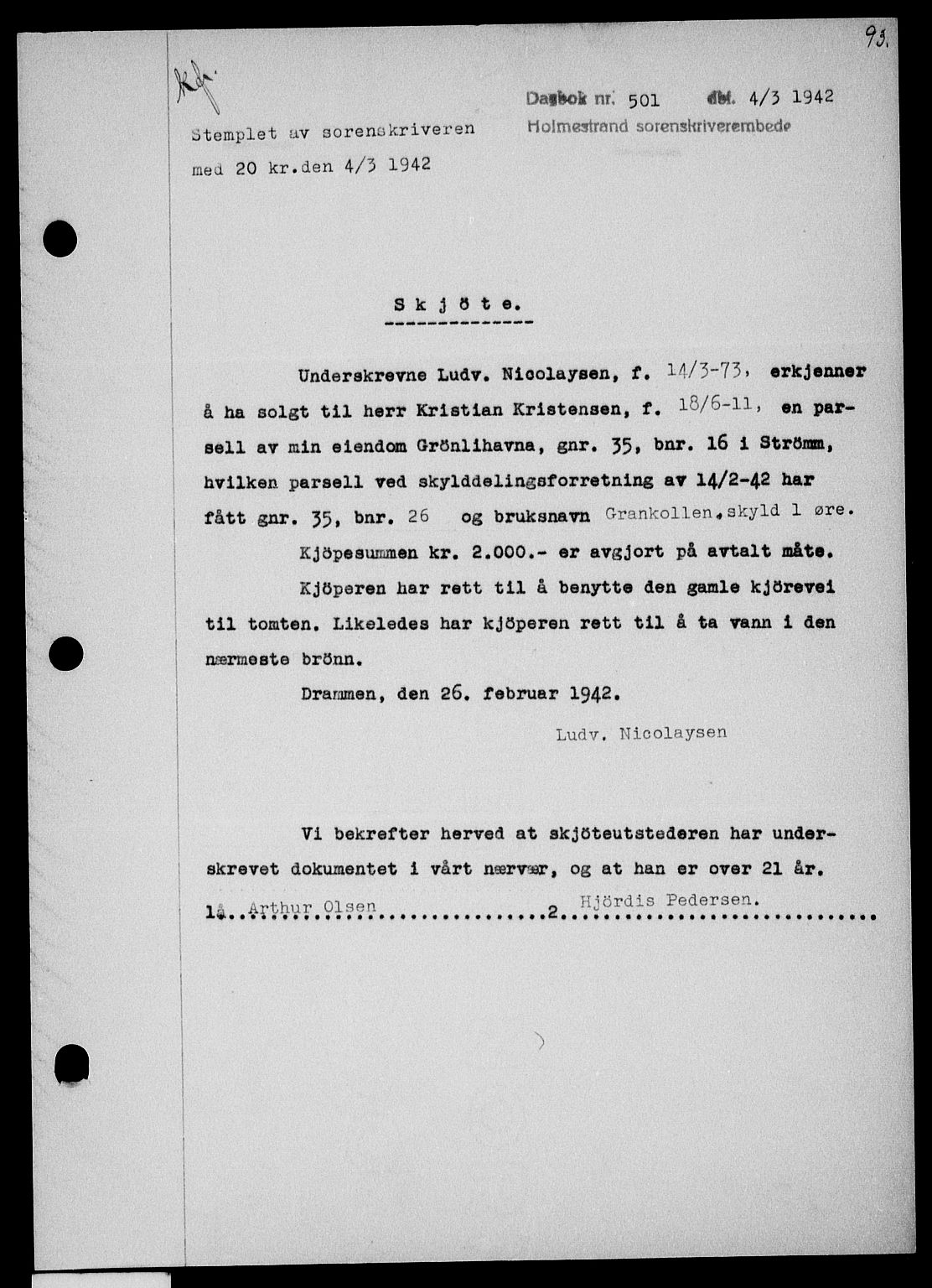 Holmestrand sorenskriveri, SAKO/A-67/G/Ga/Gaa/L0055: Pantebok nr. A-55, 1942-1942, Dagboknr: 501/1942