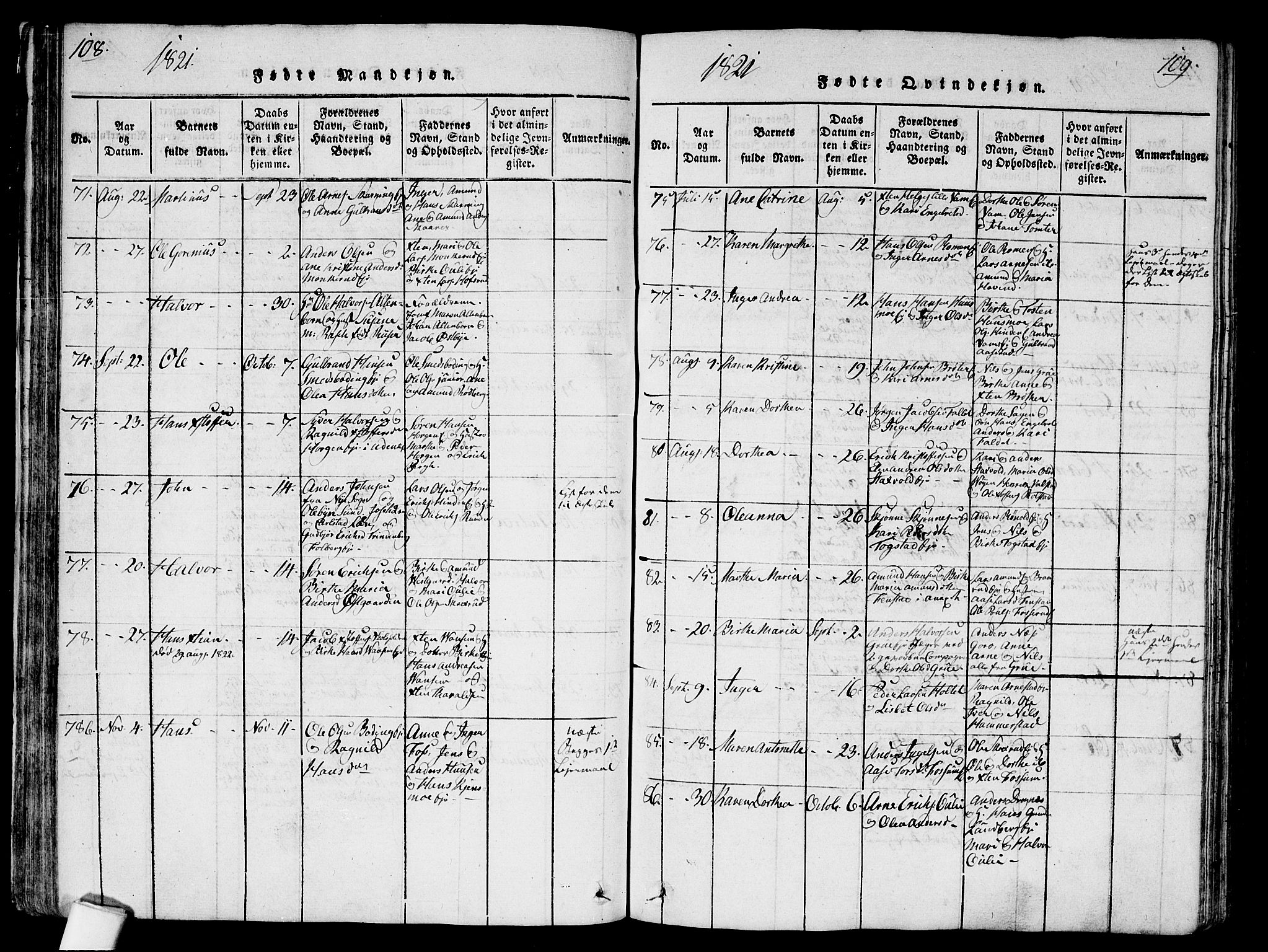 Nes prestekontor Kirkebøker, AV/SAO-A-10410/G/Ga/L0001: Klokkerbok nr. I 1, 1815-1835, s. 108-109