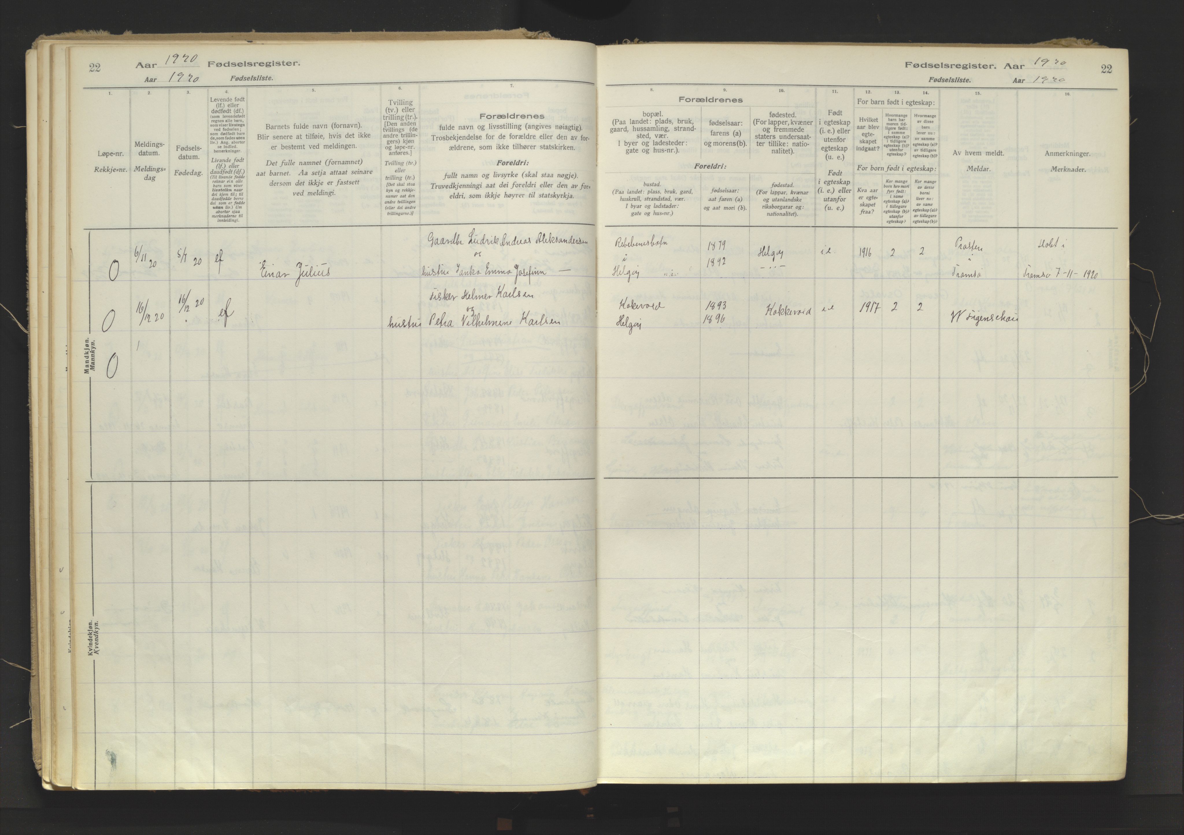 Karlsøy sokneprestembete, AV/SATØ-S-1299/I/Ic/L0067: Fødselsregister nr. 67, 1916-1958, s. 22