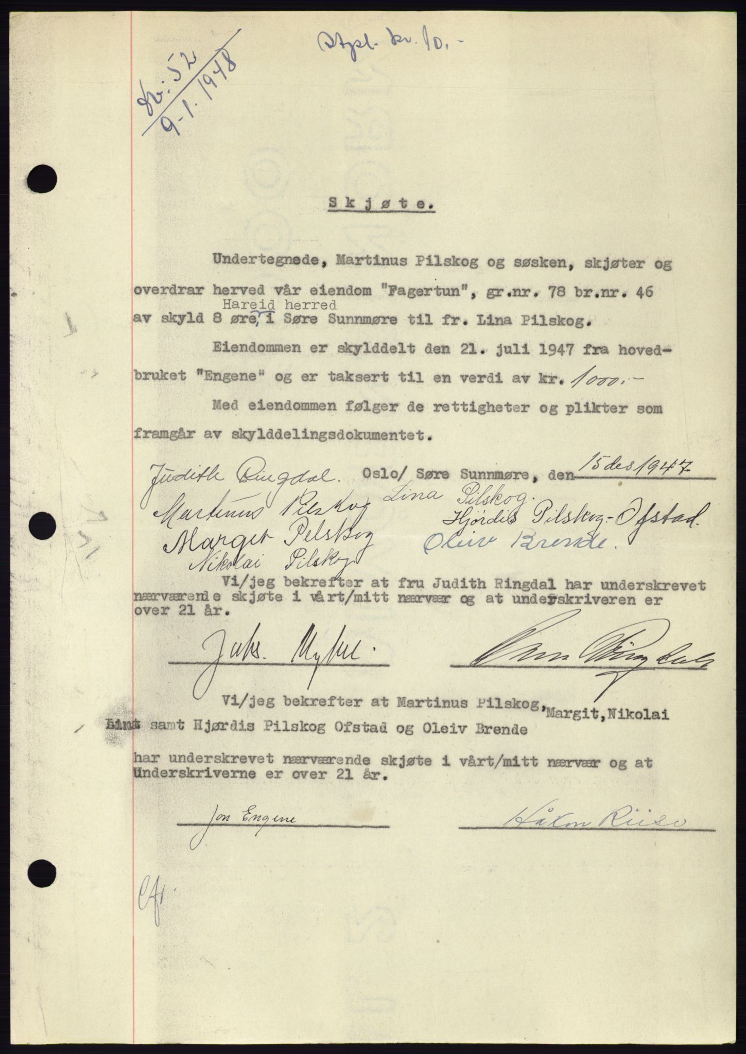 Søre Sunnmøre sorenskriveri, AV/SAT-A-4122/1/2/2C/L0081: Pantebok nr. 7A, 1947-1948, Dagboknr: 52/1948