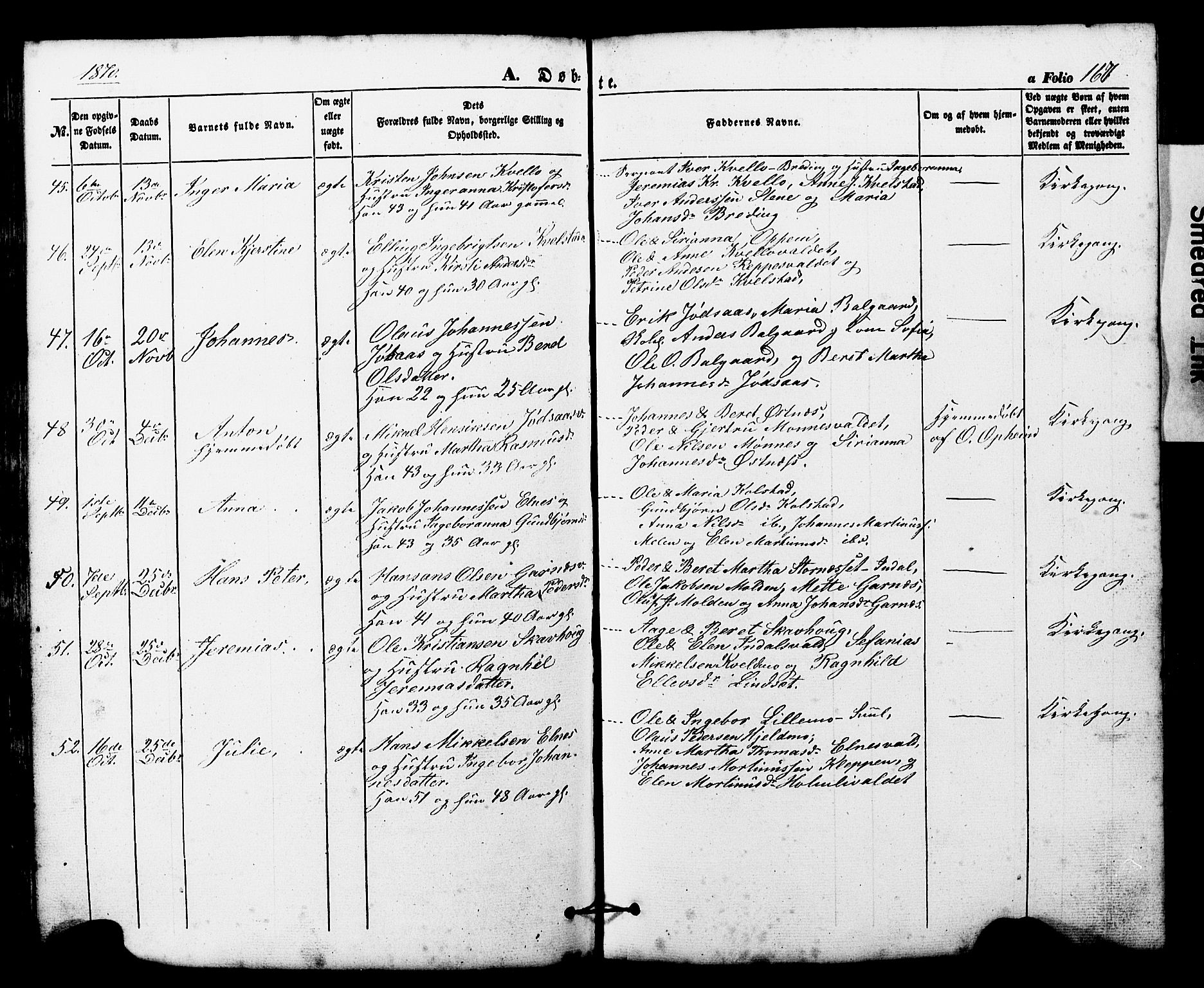 Ministerialprotokoller, klokkerbøker og fødselsregistre - Nord-Trøndelag, SAT/A-1458/724/L0268: Klokkerbok nr. 724C04, 1846-1878, s. 167