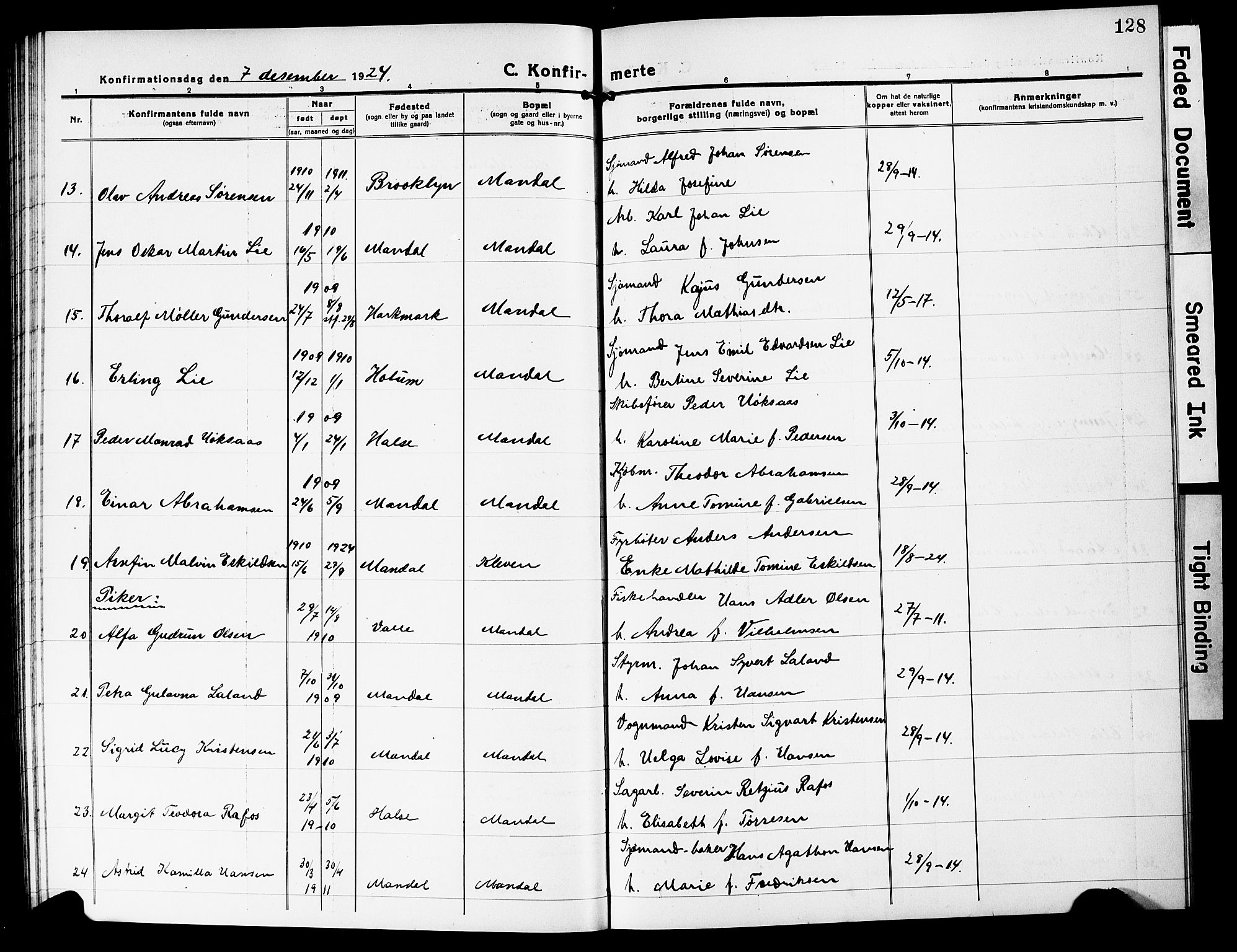 Mandal sokneprestkontor, AV/SAK-1111-0030/F/Fb/Fbc/L0001: Klokkerbok nr. B 1, 1918-1931, s. 128
