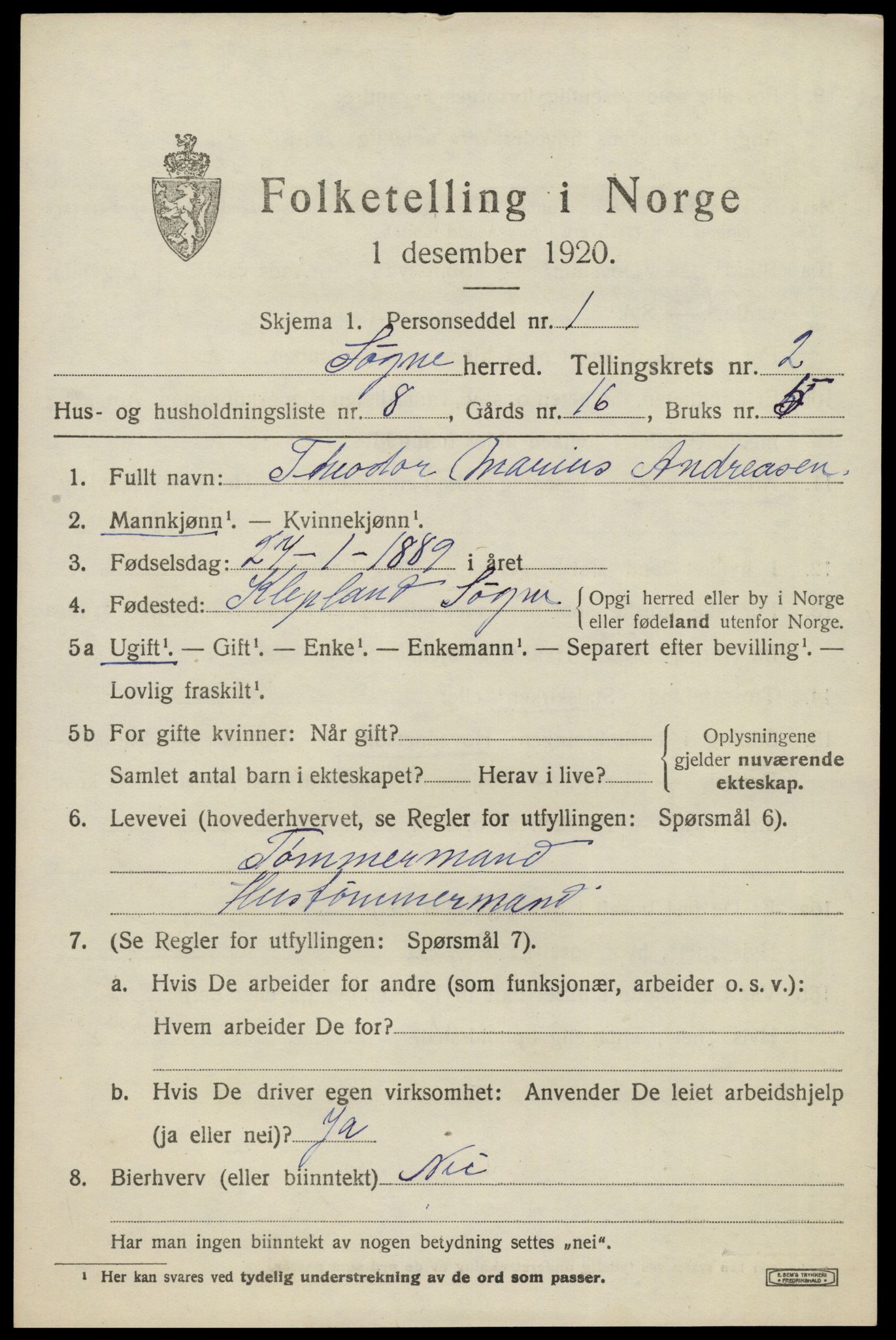 SAK, Folketelling 1920 for 1018 Søgne herred, 1920, s. 1521