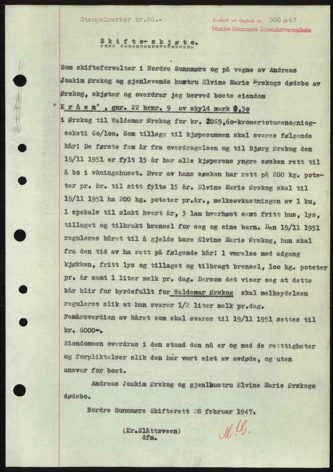 Nordre Sunnmøre sorenskriveri, SAT/A-0006/1/2/2C/2Ca: Pantebok nr. A24, 1947-1947, Dagboknr: 366/1947