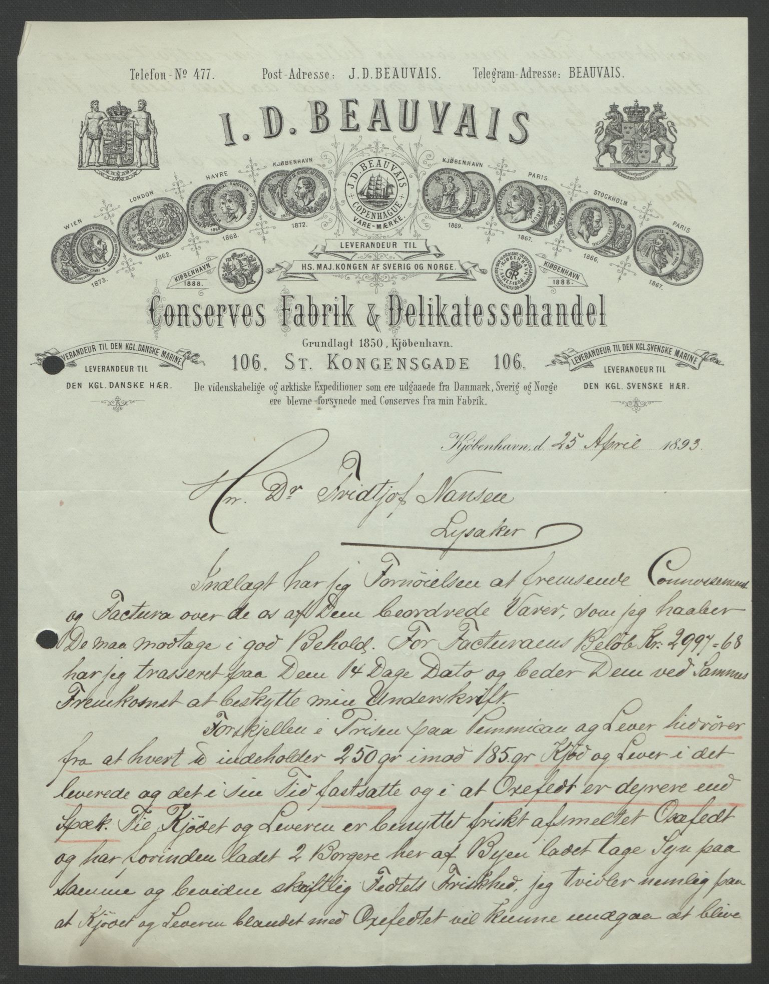 Arbeidskomitéen for Fridtjof Nansens polarekspedisjon, AV/RA-PA-0061/D/L0004: Innk. brev og telegrammer vedr. proviant og utrustning, 1892-1893, s. 605