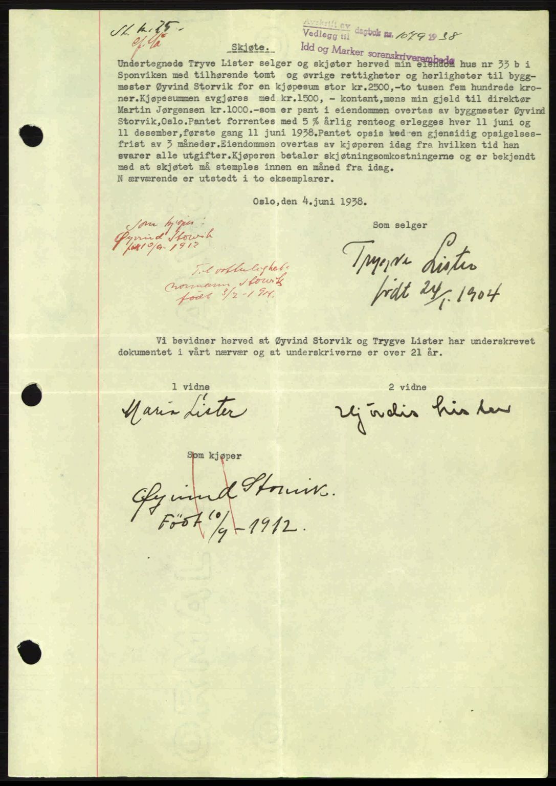 Idd og Marker sorenskriveri, AV/SAO-A-10283/G/Gb/Gbb/L0002: Pantebok nr. A2, 1937-1938, Dagboknr: 1079/1938