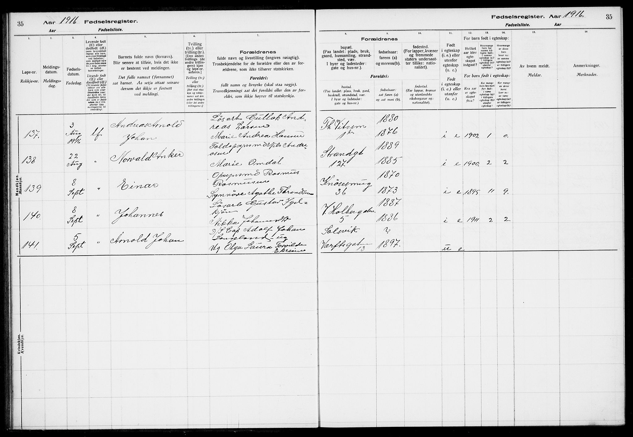 Nykirken Sokneprestembete, AV/SAB-A-77101/I/Id/L00A1: Fødselsregister nr. A 1, 1916-1922, s. 35