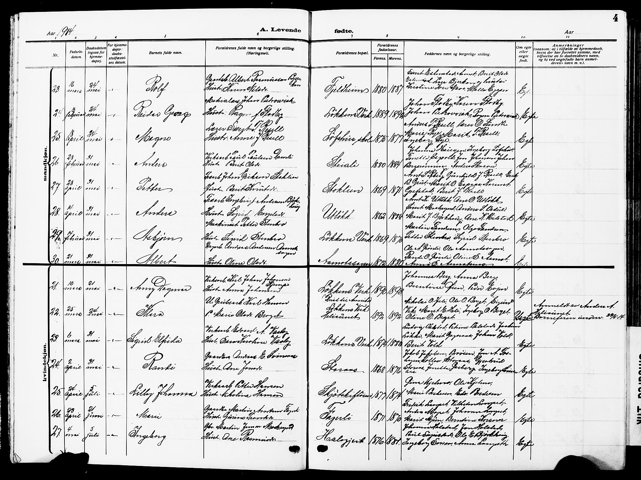 Ministerialprotokoller, klokkerbøker og fødselsregistre - Sør-Trøndelag, AV/SAT-A-1456/672/L0865: Klokkerbok nr. 672C04, 1914-1928, s. 4