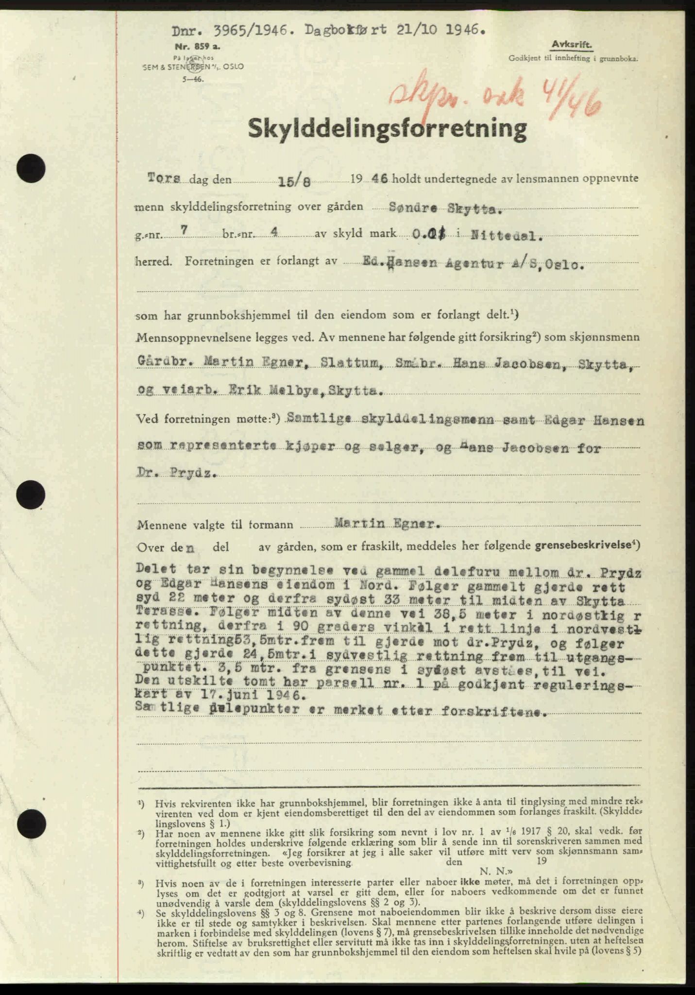 Nedre Romerike sorenskriveri, AV/SAO-A-10469/G/Gb/Gbd/L0017: Pantebok nr. 17, 1946-1946, Dagboknr: 3965/1946