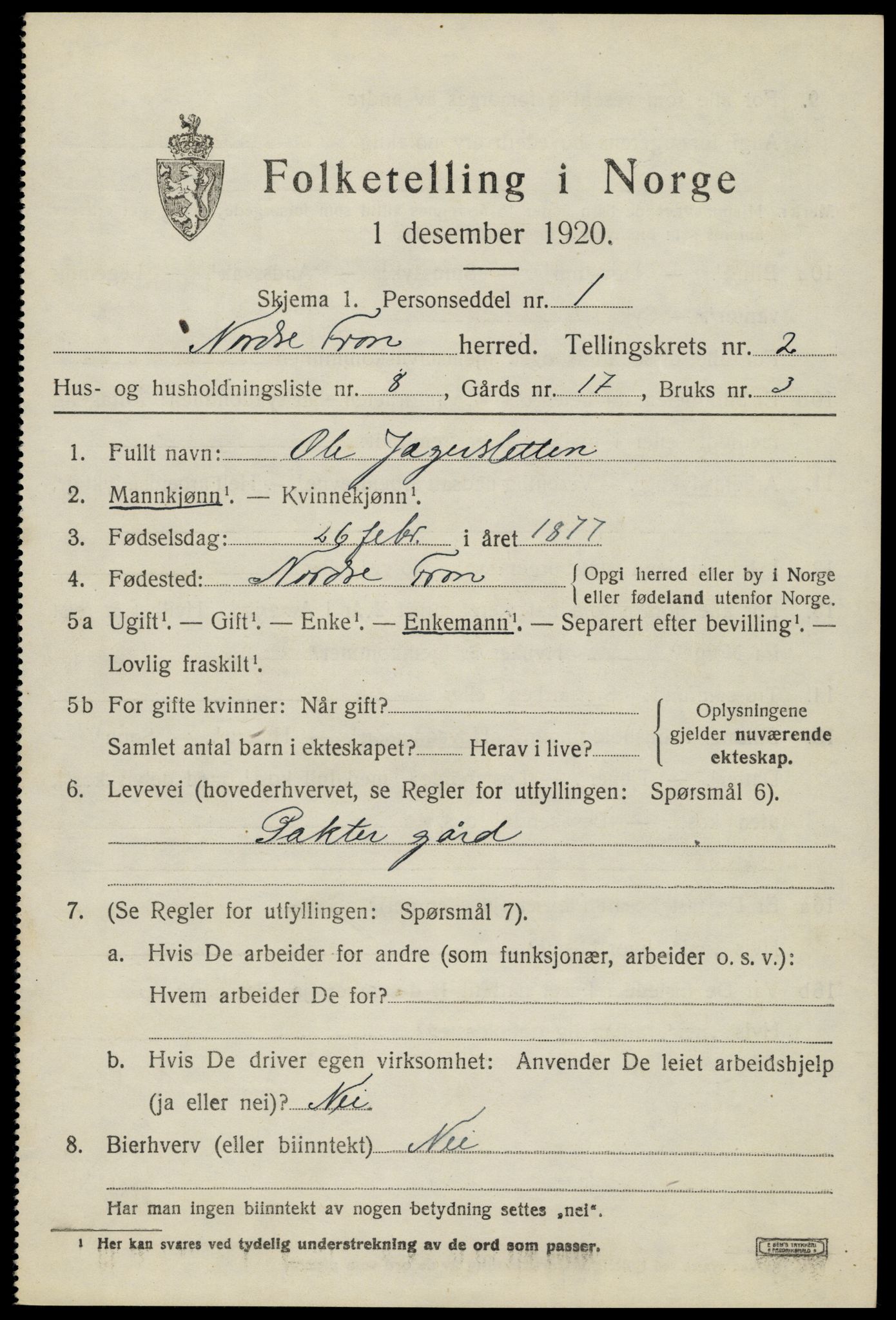 SAH, Folketelling 1920 for 0518 Nord-Fron herred, 1920, s. 2730