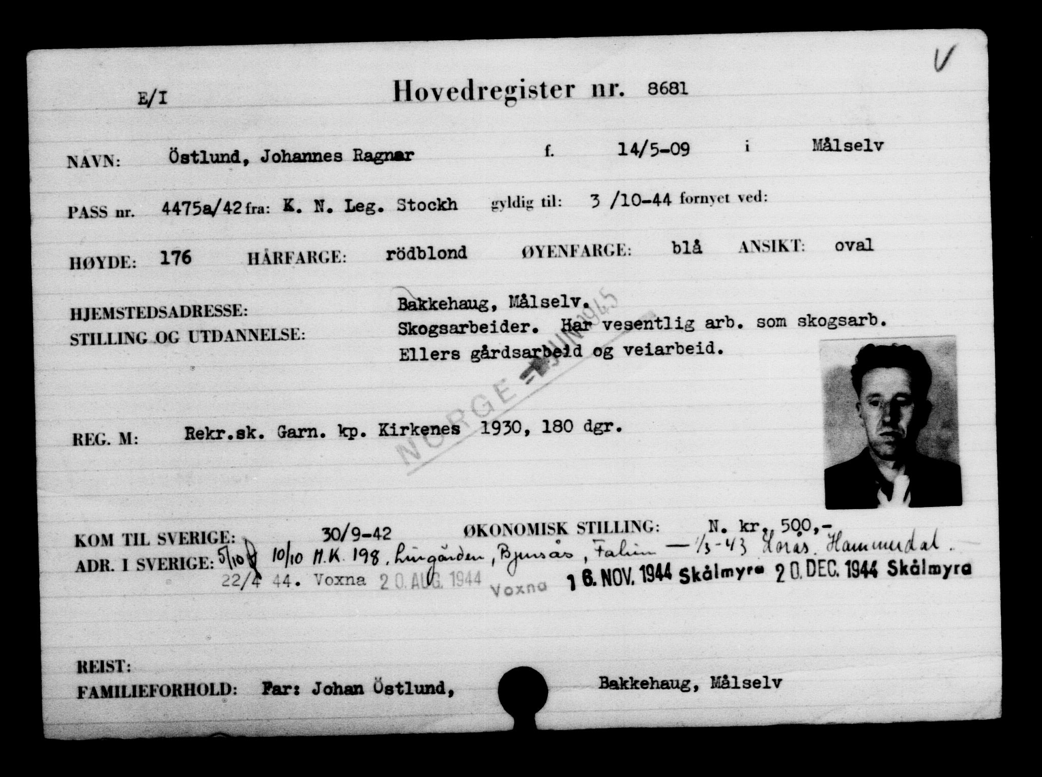 Utenriksstasjonene, Legasjonen i Stockholm, Flyktningkontoret, AV/RA-S-6753/V/Va/L0005: Kjesäterkartoteket, flyktninger med registreringsnr. 6600-9417, 1940-1945, s. 2433