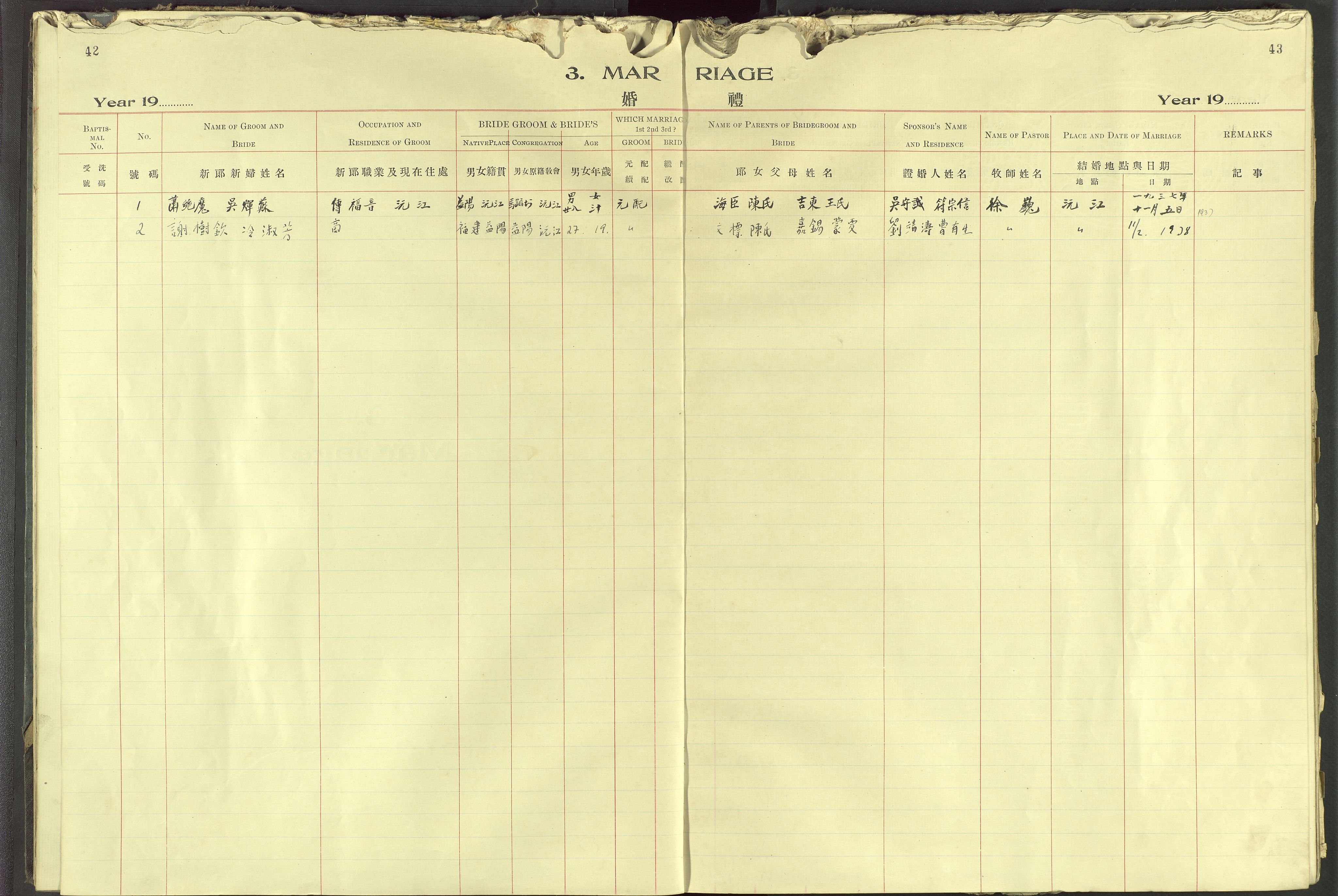 Det Norske Misjonsselskap - utland - Kina (Hunan), VID/MA-A-1065/Dm/L0091: Ministerialbok nr. 129, 1907-1938, s. 42-43