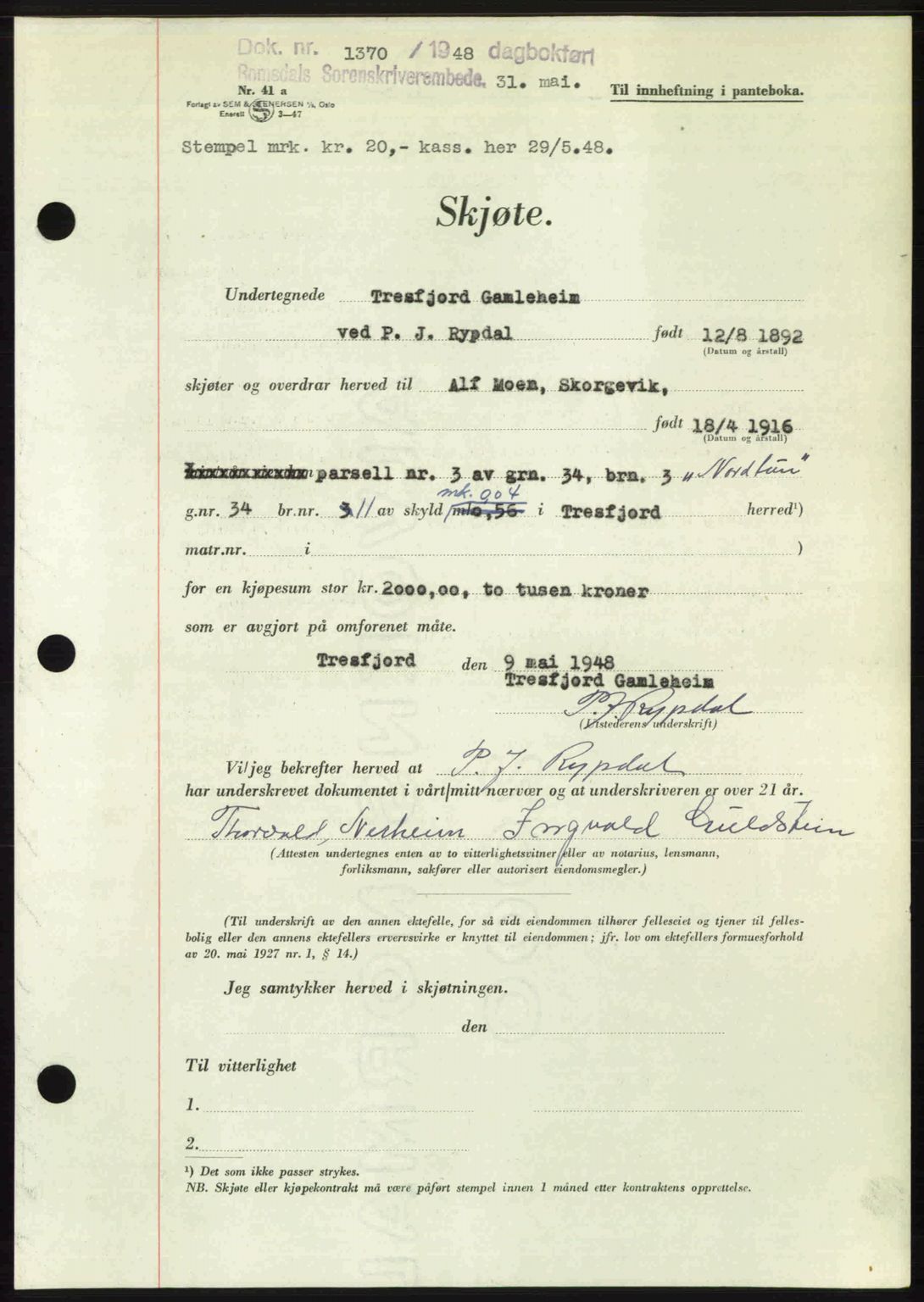 Romsdal sorenskriveri, AV/SAT-A-4149/1/2/2C: Pantebok nr. A26, 1948-1948, Dagboknr: 1370/1948